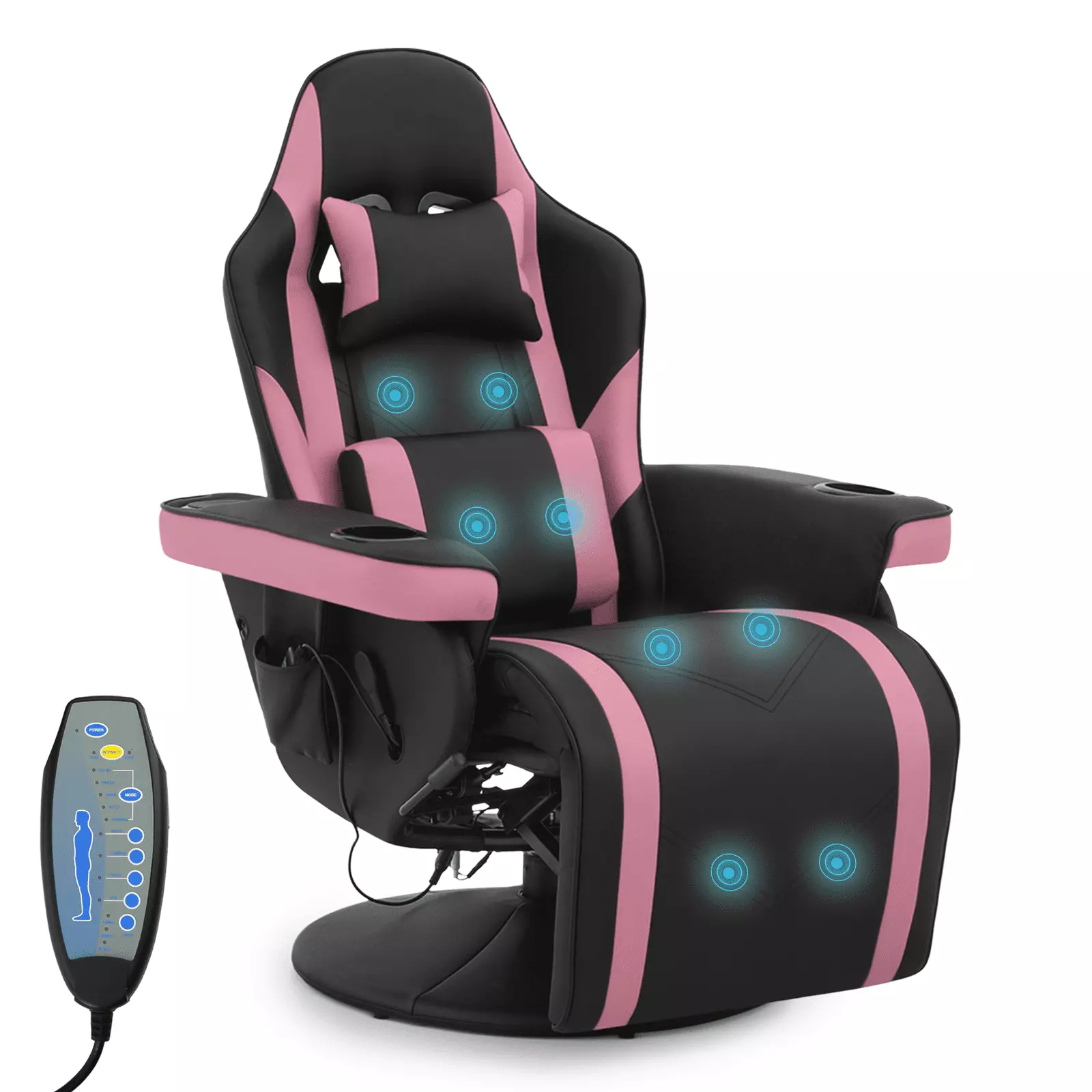 BEZT Massage Video Gaming Recliner Chair Bluetooth Speakers Adjustable Backrest Footrest Pink