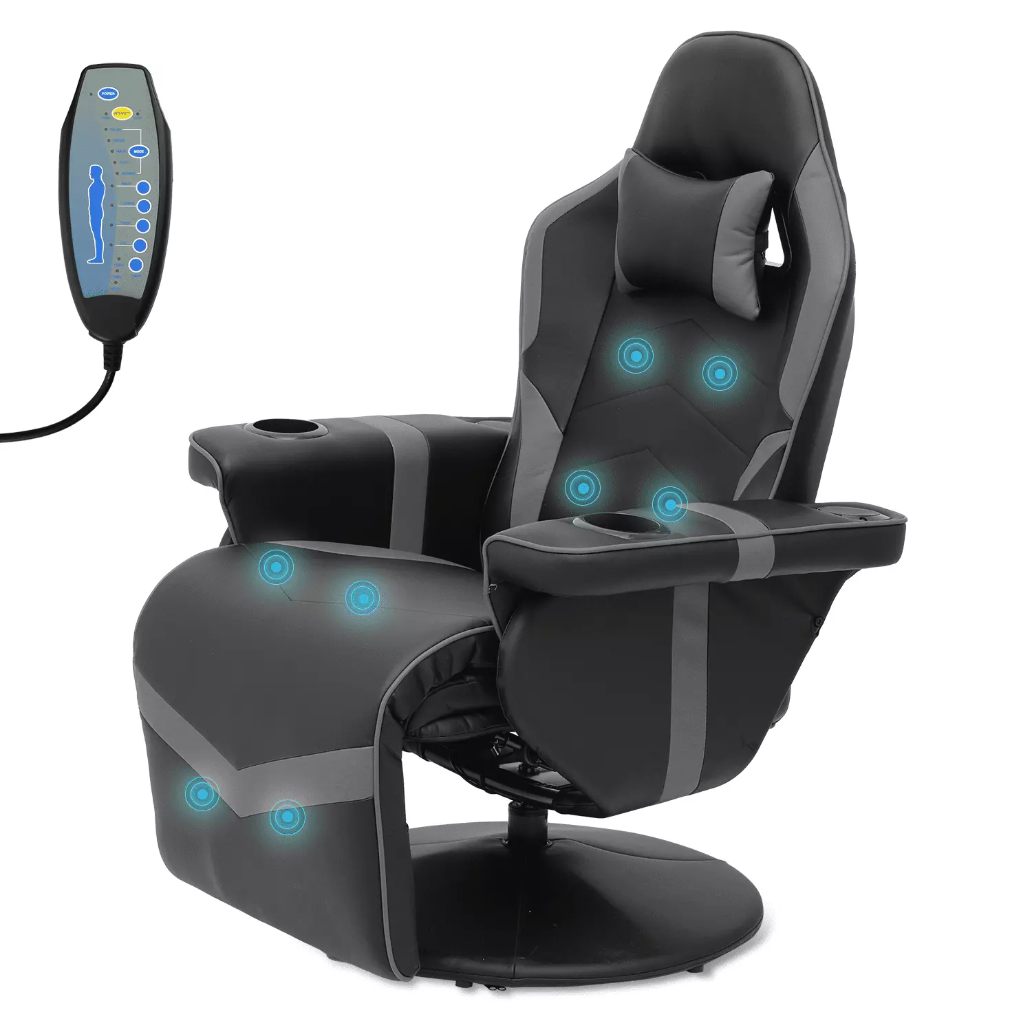 BEZT Massage Video Gaming Recliner Chair Bluetooth Speakers Adjustable Backrest Footrest Grey