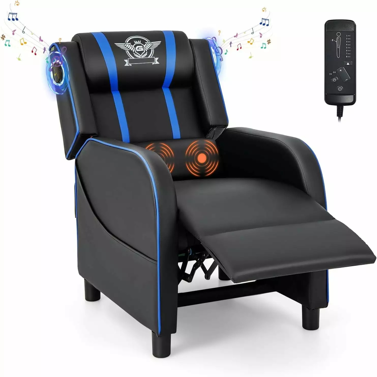 WEIKE Gaming Massage Recliner Chair Bluetooth Speaker Retractable Footrest Racing Style Blue
