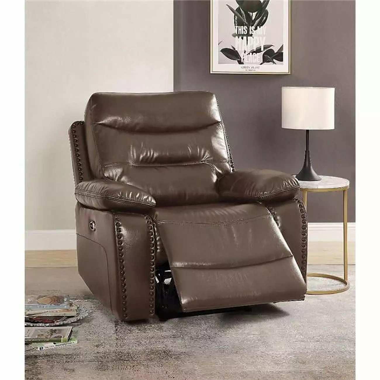 42 x 38 x 41 Inch Aashi Recliner Brown Leather-Gel Match Enhanced Comfort FurnOrama