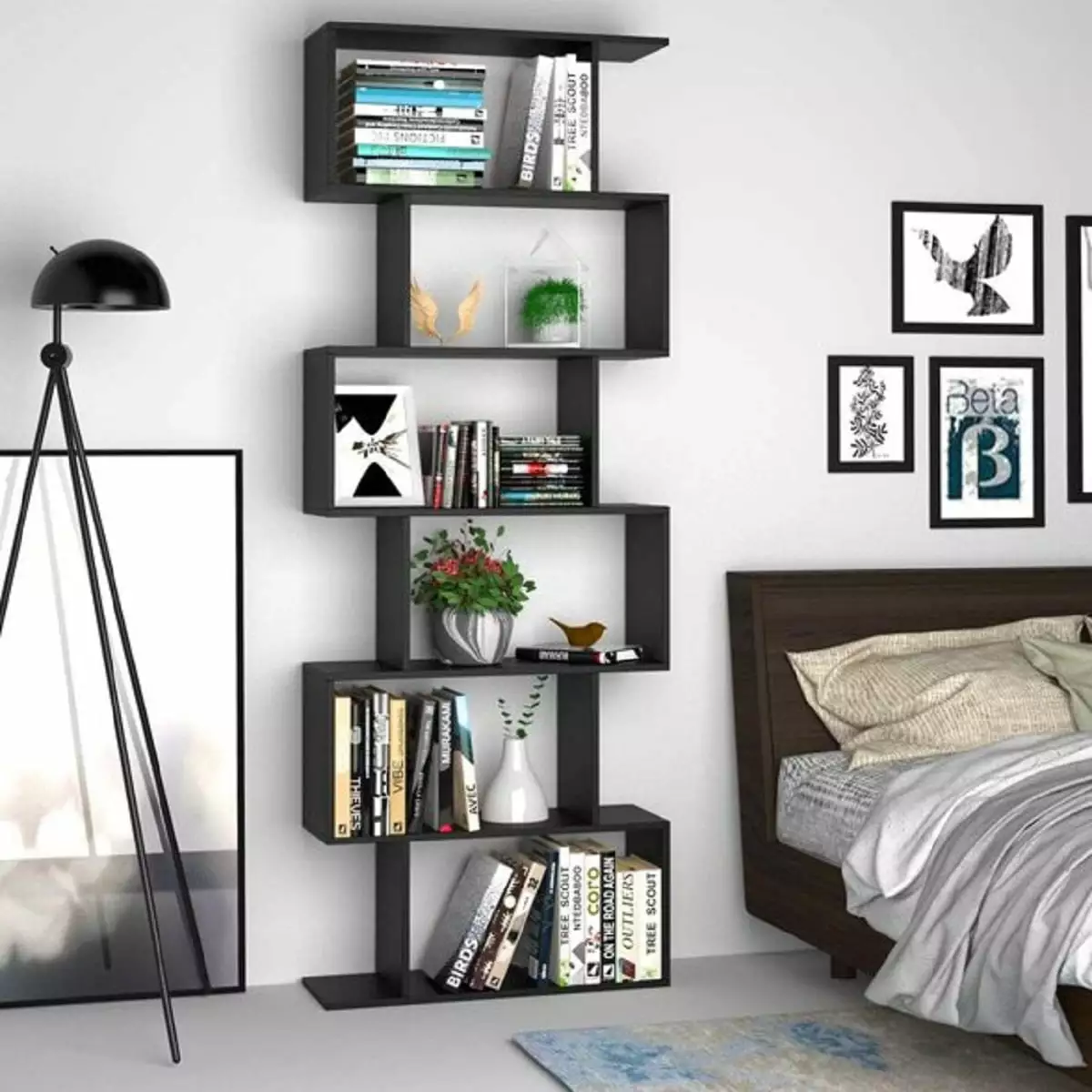 Homfa Geometric Bookcase Wooden S Shape Storage Display Unit 6-Tier Bookcase Black