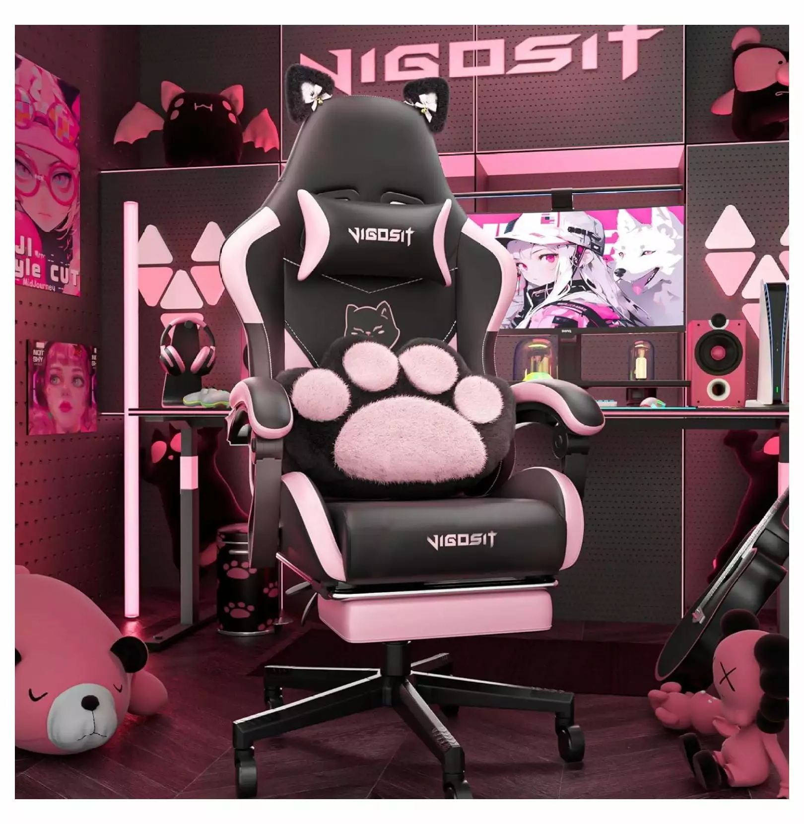 Cute Gaming Chair Cat Paw Lumbar Cushion and Cat Ears Girls and Teens cMinc