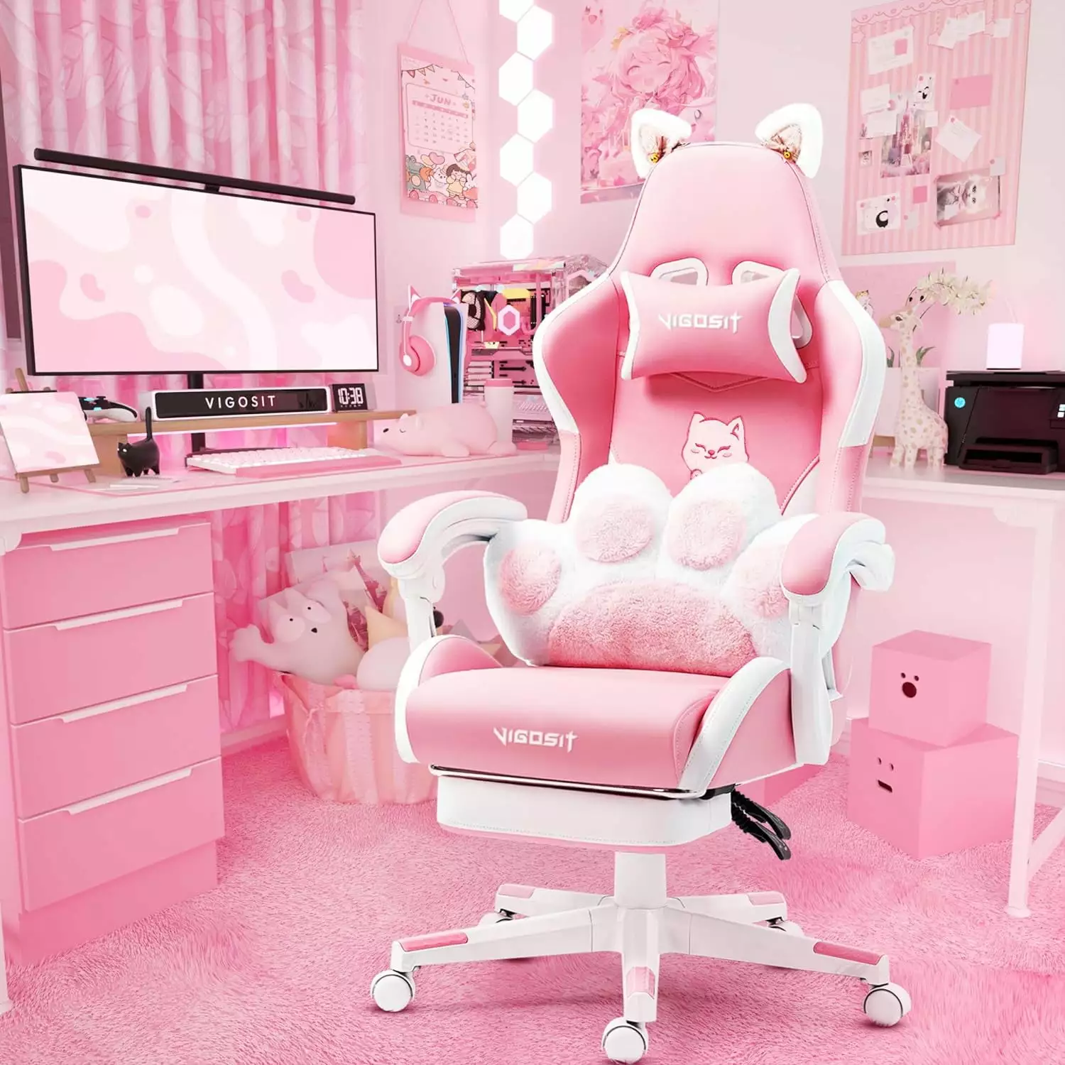 Pink Gaming Chair Cat Paw Lumbar Cushion and Cat Ears Girls shinyswan