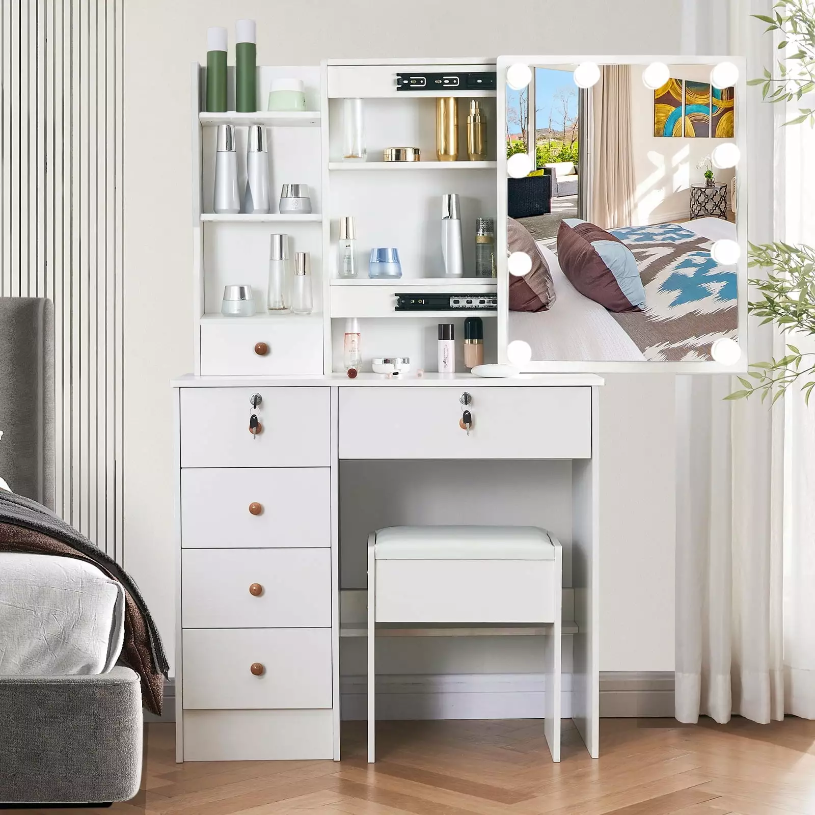 Bedroom Vanity Desk Sliding Mirror and Lights - Kids Makeup Vanity Table Stool, Storage Shelves and Drawers White Yamissi