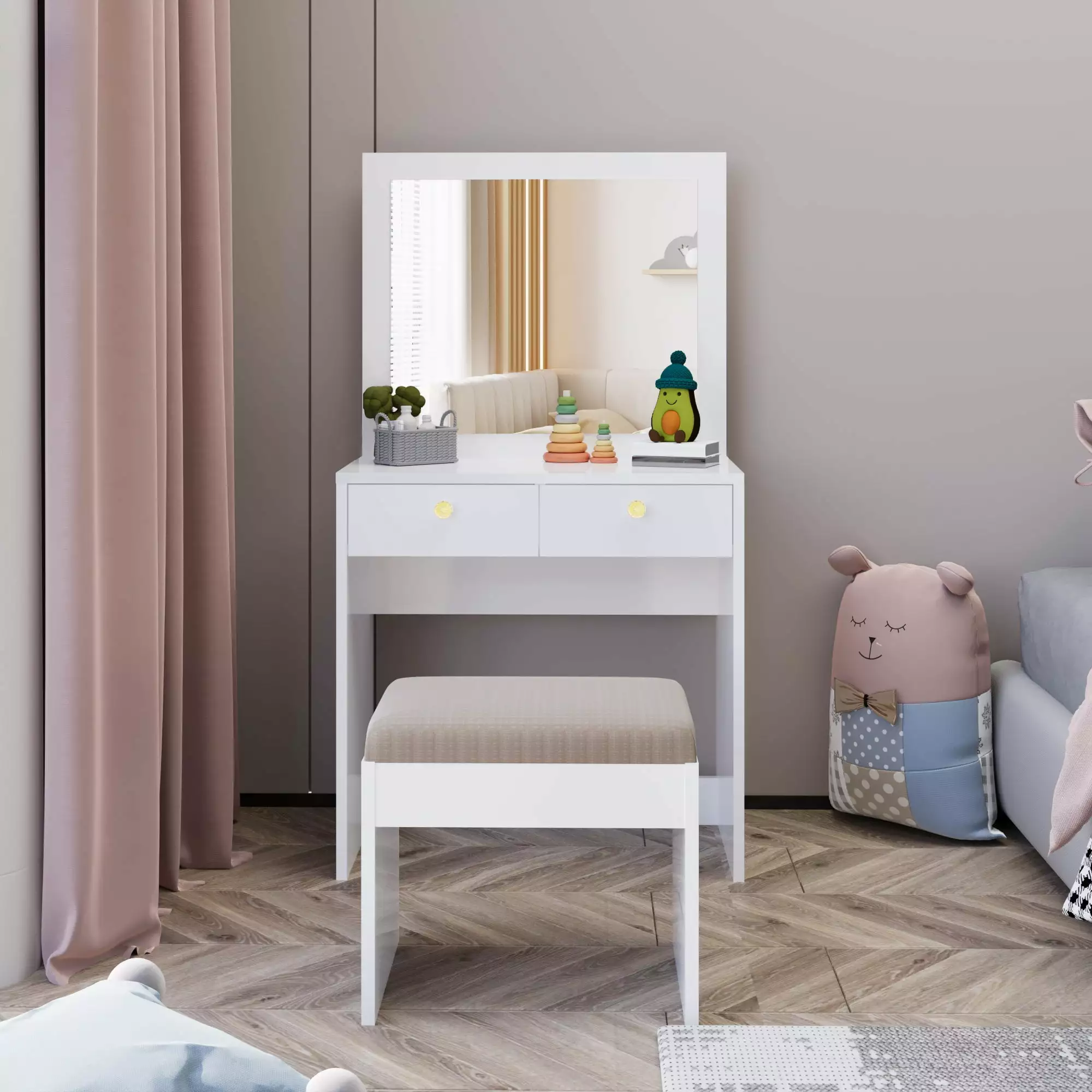 Ember Interiors Little Girl Vanity Set Chair Mirror Gold Knobs White