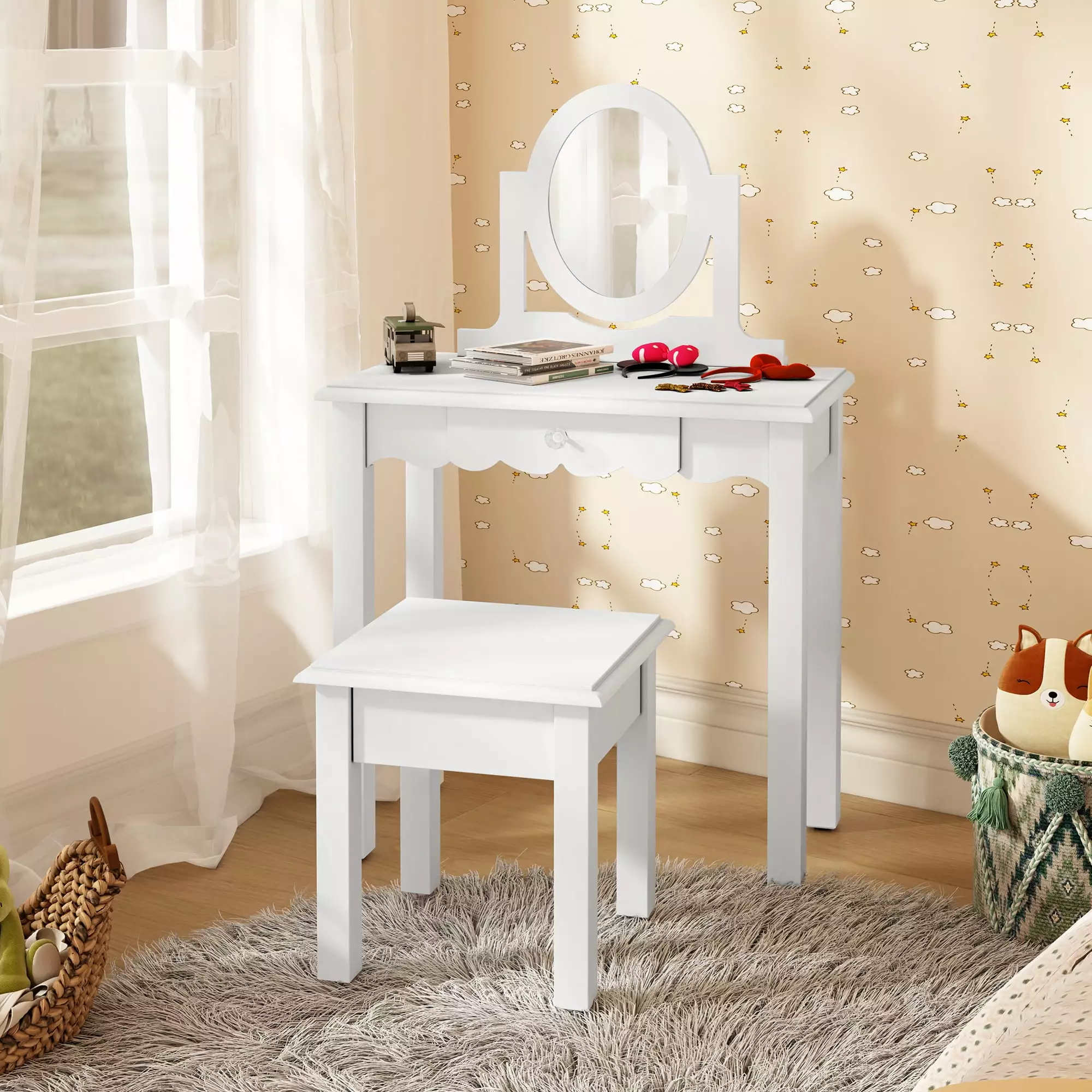 HLR Little Girls 2--1 Kids Vanity Set Mirror Stool and Detachable Makeup Desk White