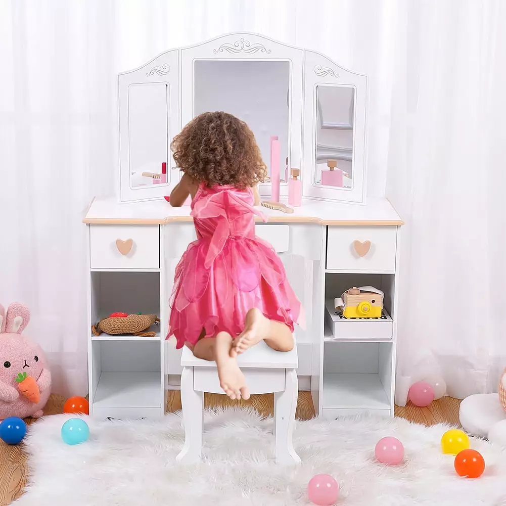 Litake Kids Vanity Set Mirror and Drawer Girls' Vanity Table and Chair Set Wood Makeup Playset Perfect 3-9 Yr White