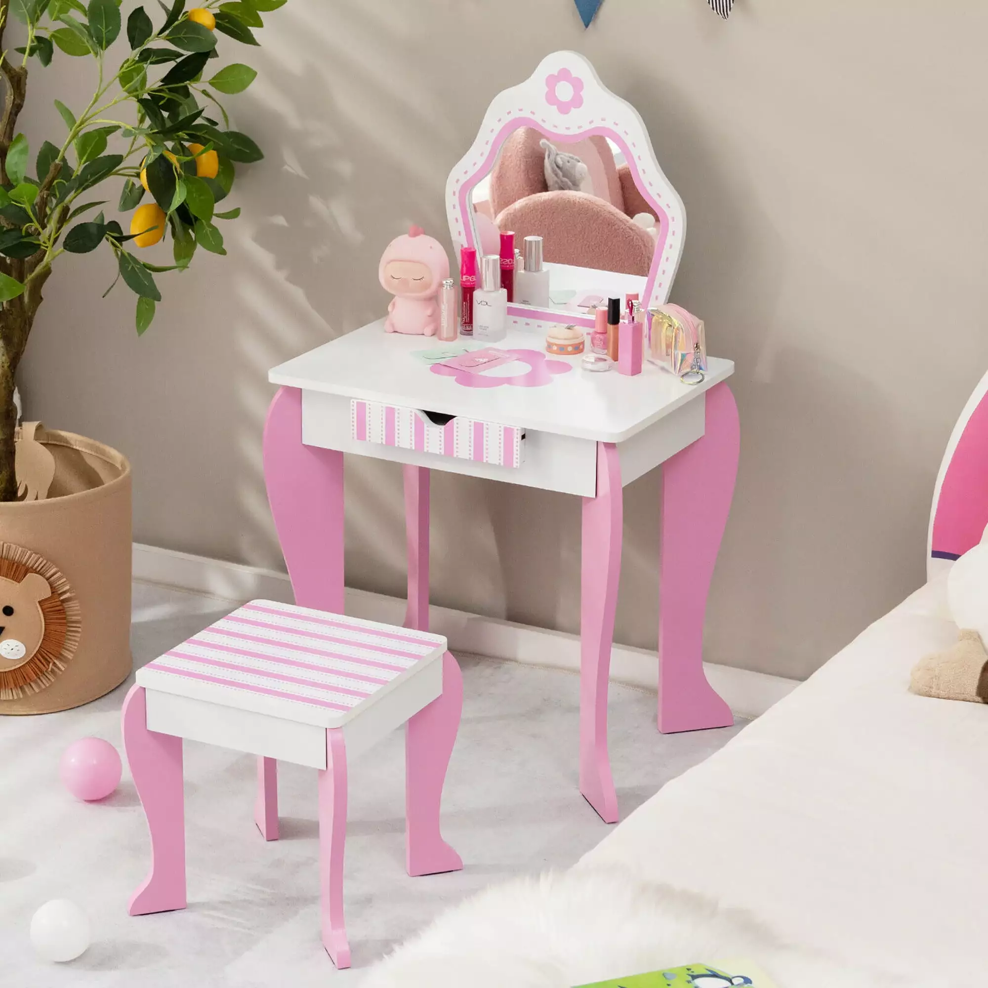 Gymax Pink and White Wooden Kids Vanity Set Mirror and Stool Flower Print Makeup Table
