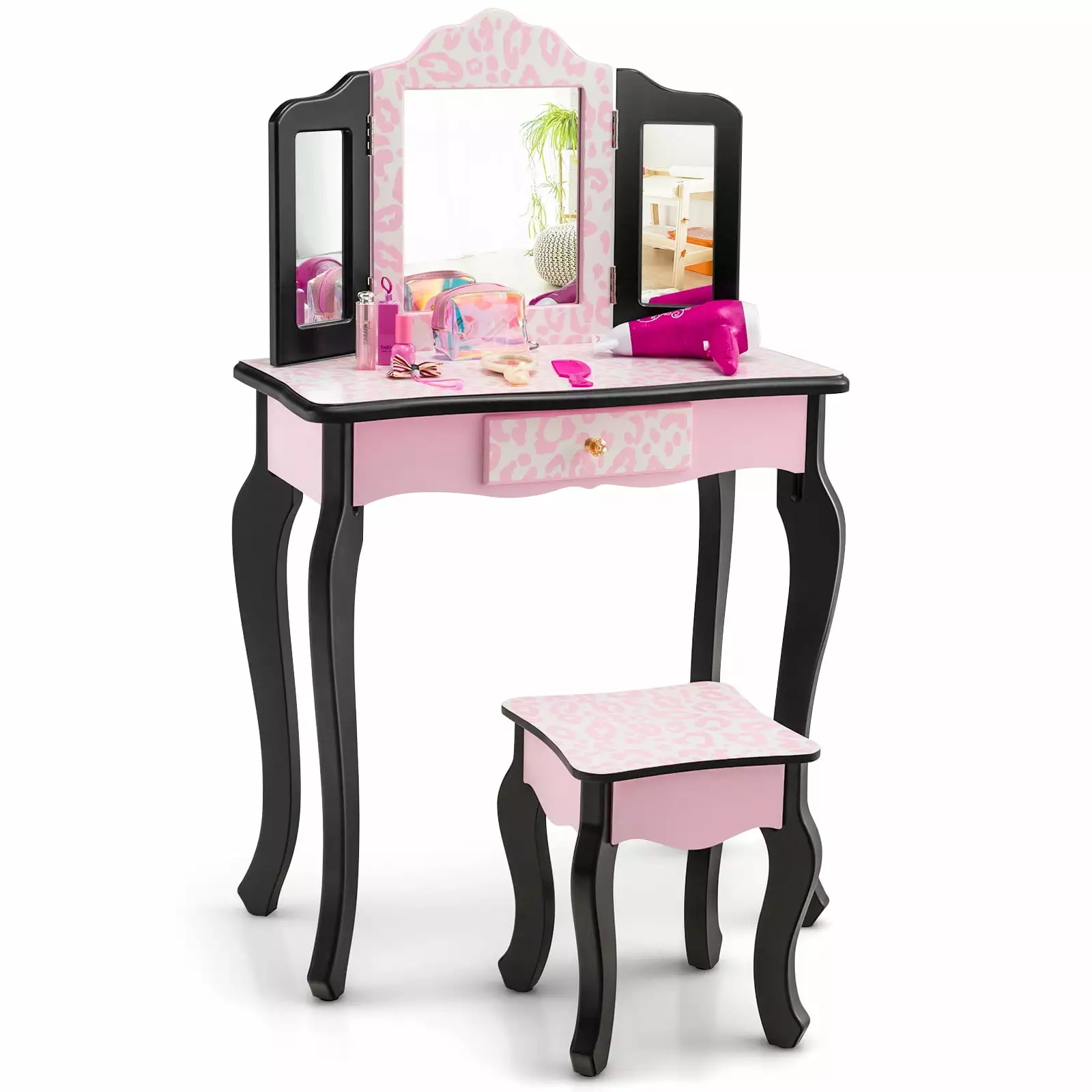 Infans Pink Leopard Print Wooden Kids Vanity Set Tri-Folding Mirror and Stool