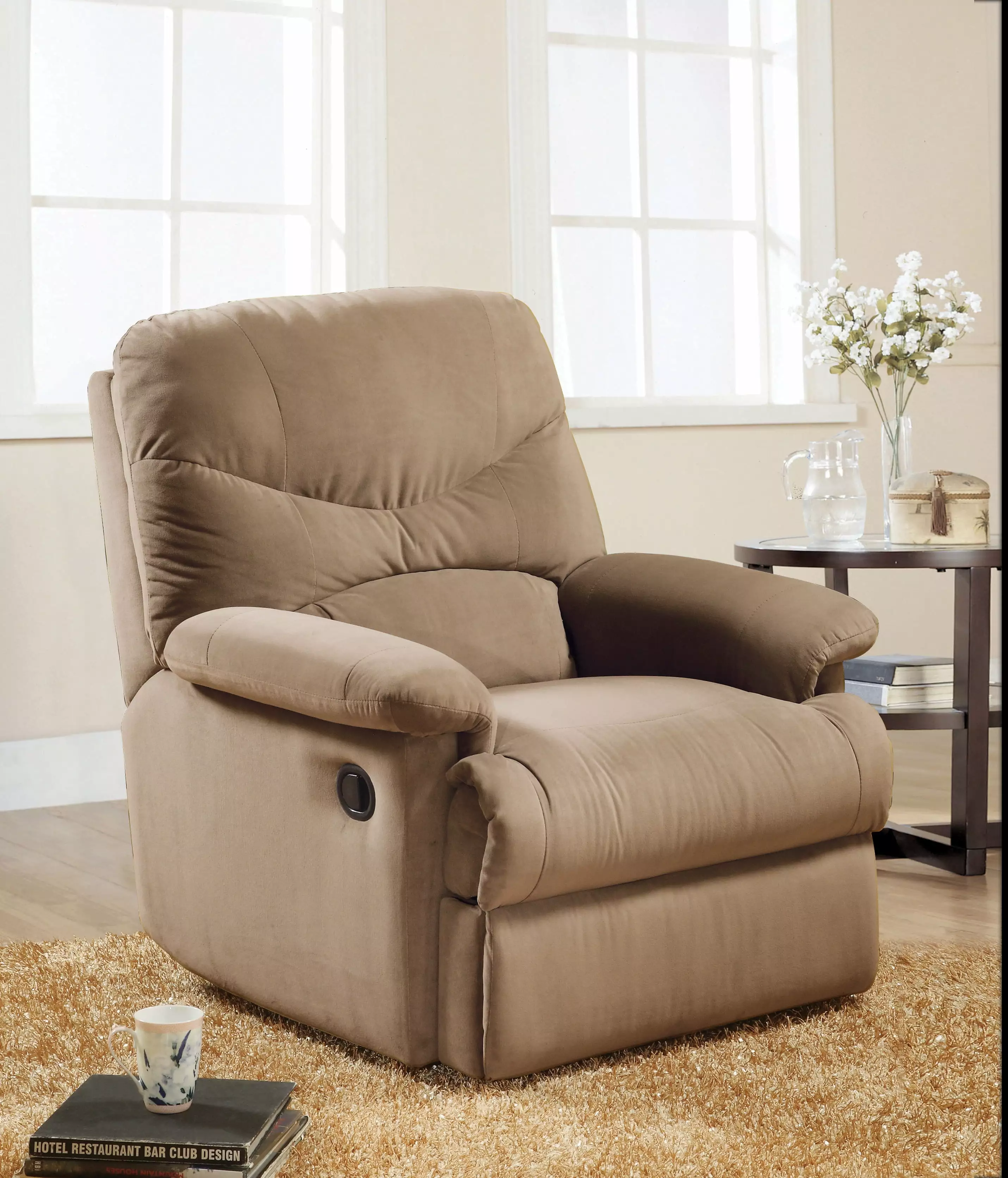 ACME Arcadia Glider Recliner Motion Light Tan Suede Fabric BloomVivid