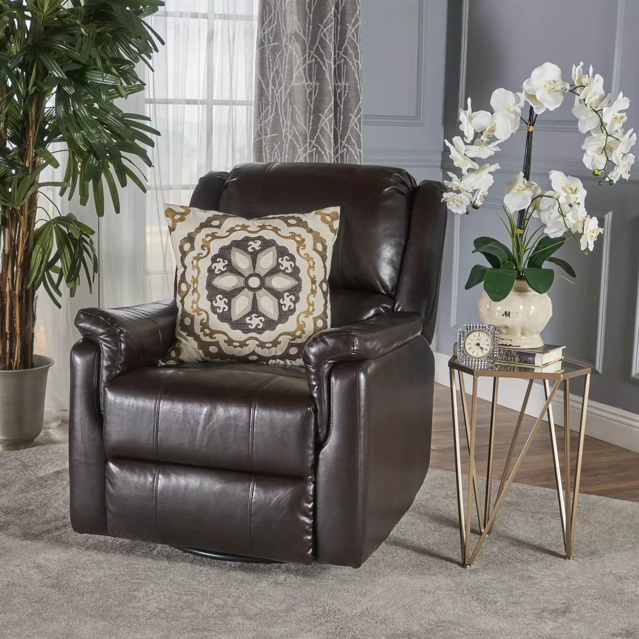 Brown PU Glider Recliner Swivel - Manual Reclining Chair Comfortable Seating Jamini
