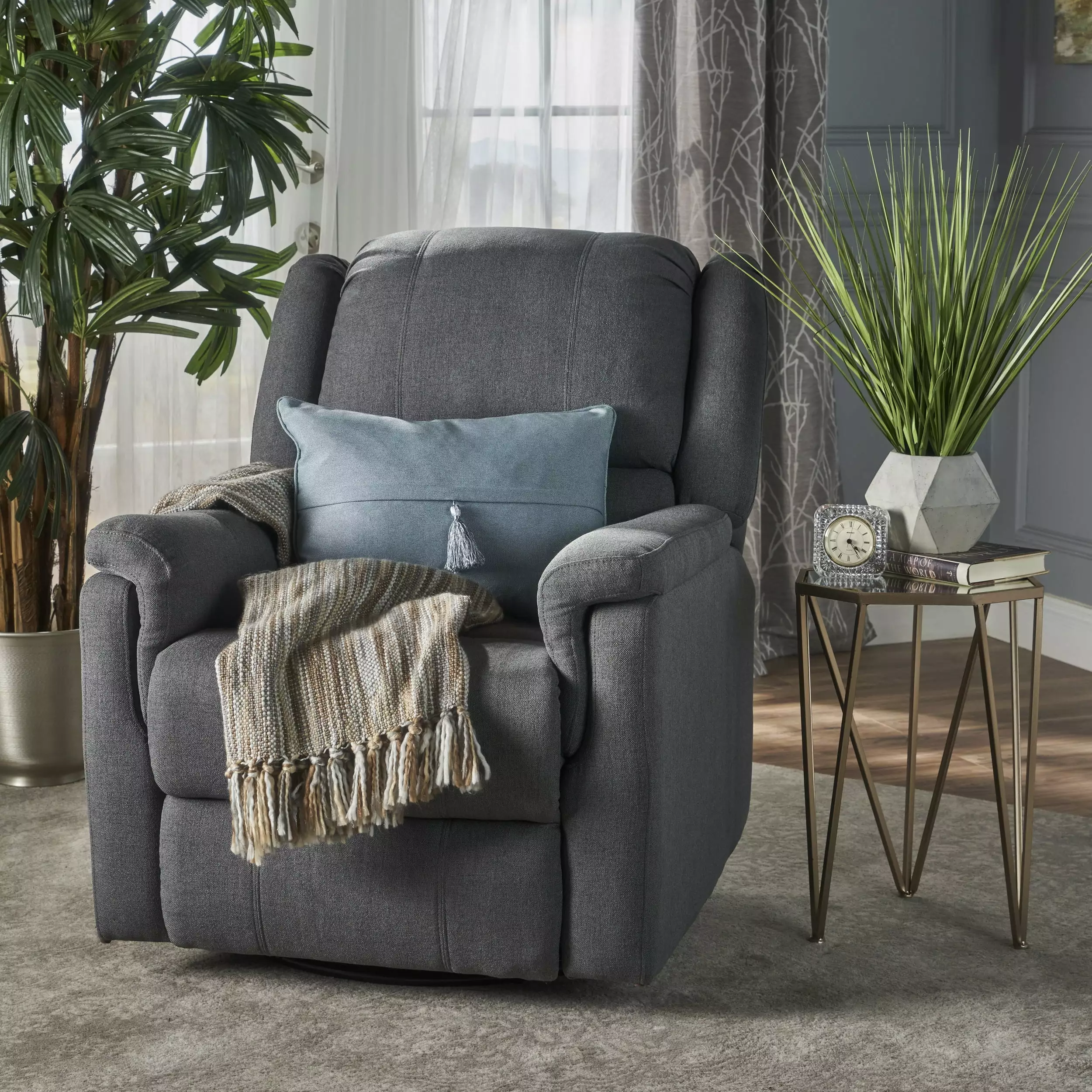 Charcoal Fabric Glider Recliner Swivel Base and Manual Reclining Mechanism Jamini