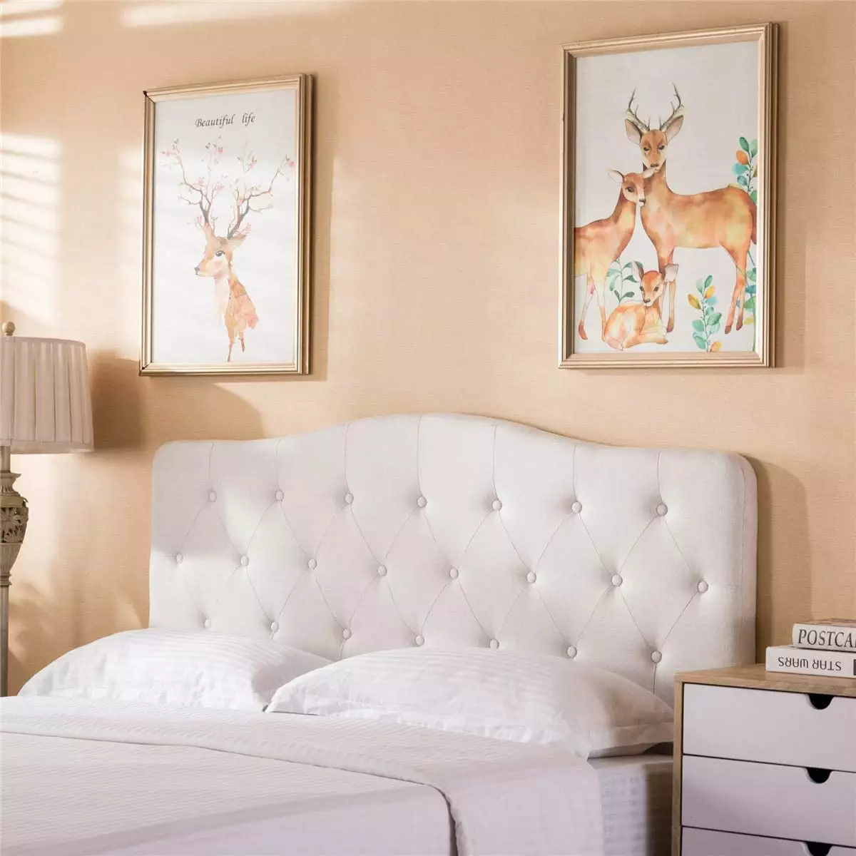Andeworld Queen Upholstered Headboard Tufted Design Ivory - Bedroom Headboard Only