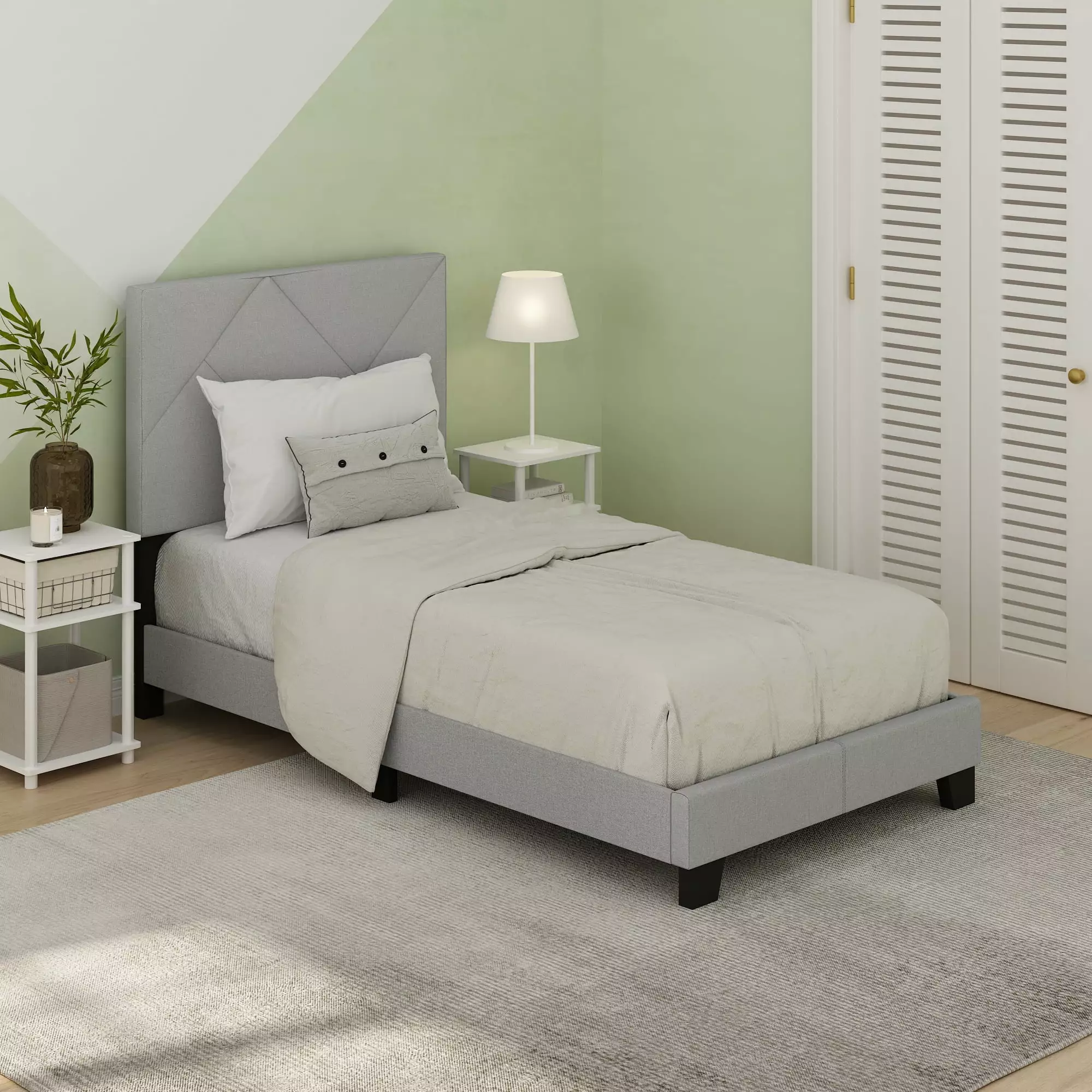 Furinno Skylar Geometric Design Headboard Bedframe 12PC Slat Style Glacier Twin