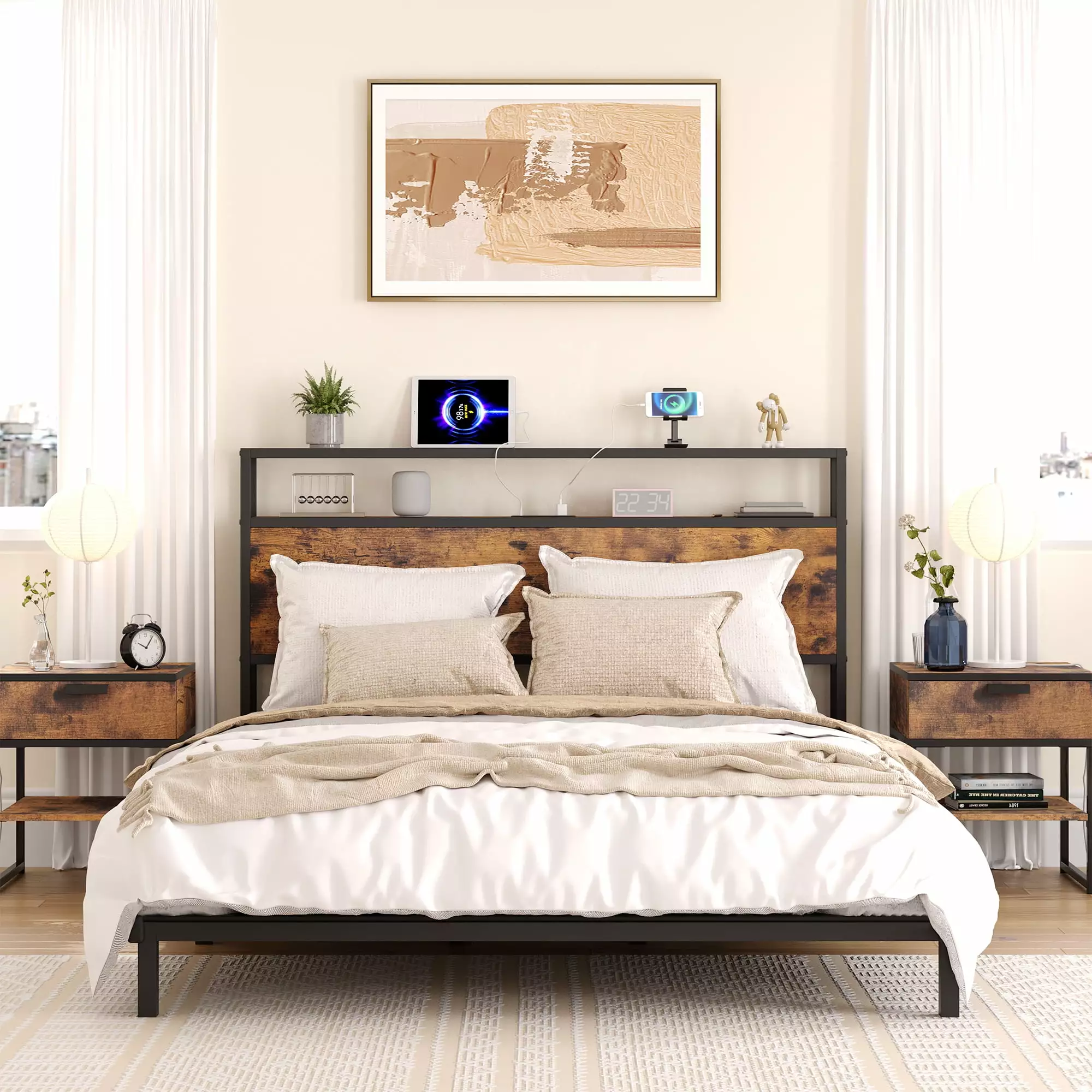 WhizMax Queen Size Storage Headboard LED Lights and Charging Station