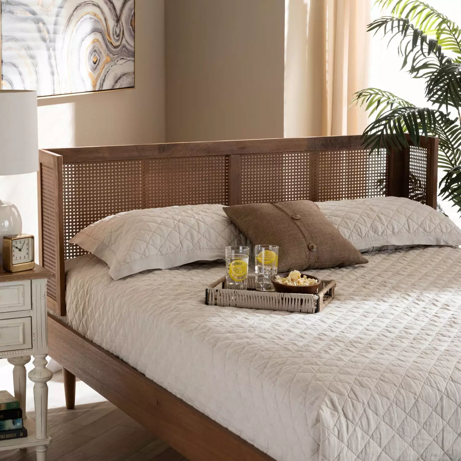 Baxton Studio Ash Walnut Finished Wood and Synthetic Rattan King Size Wrap-Around Headboard Wholesale Interiors