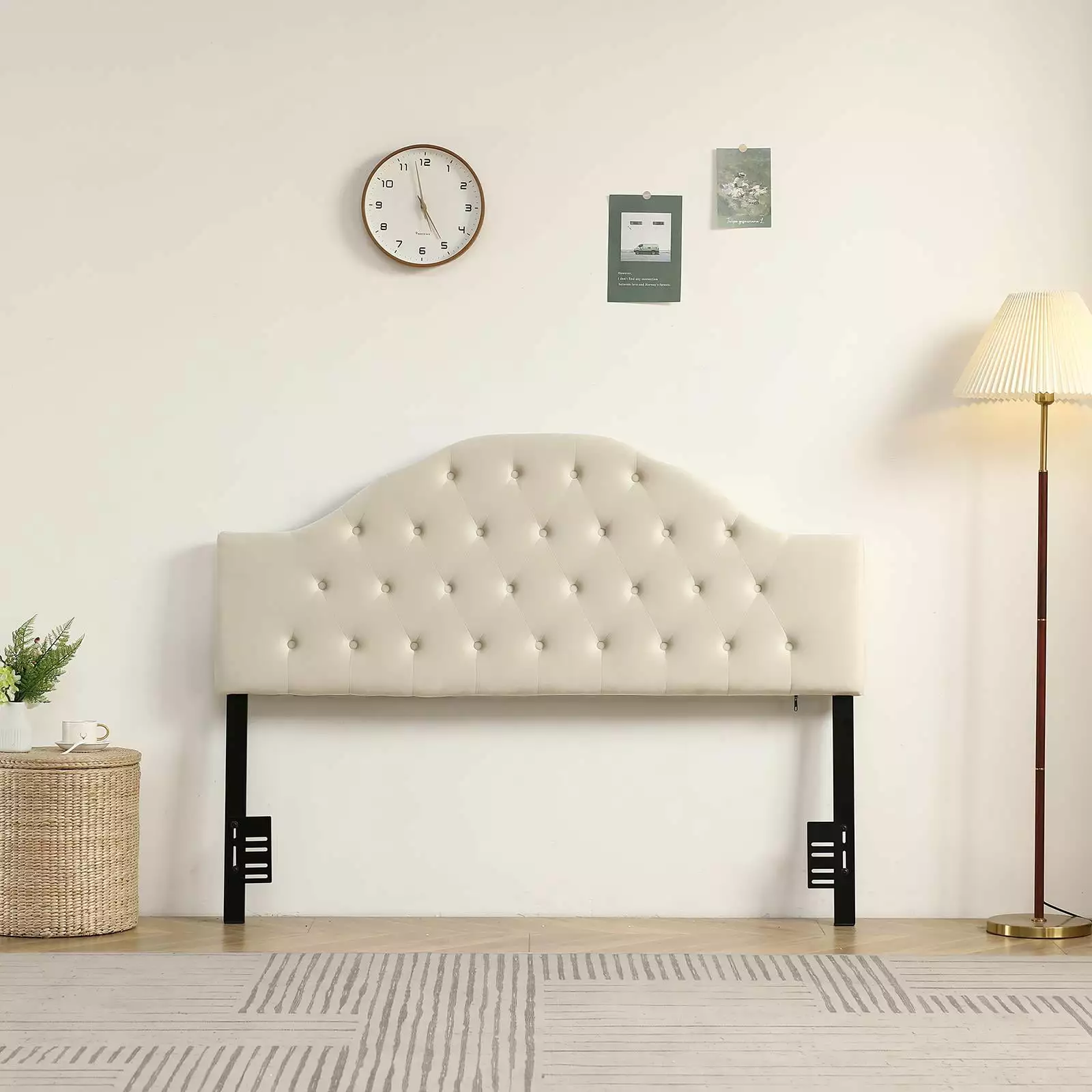 Zimtown Tufted Velvet Upholstered Queen Size Headboard Cream Adjustable Height