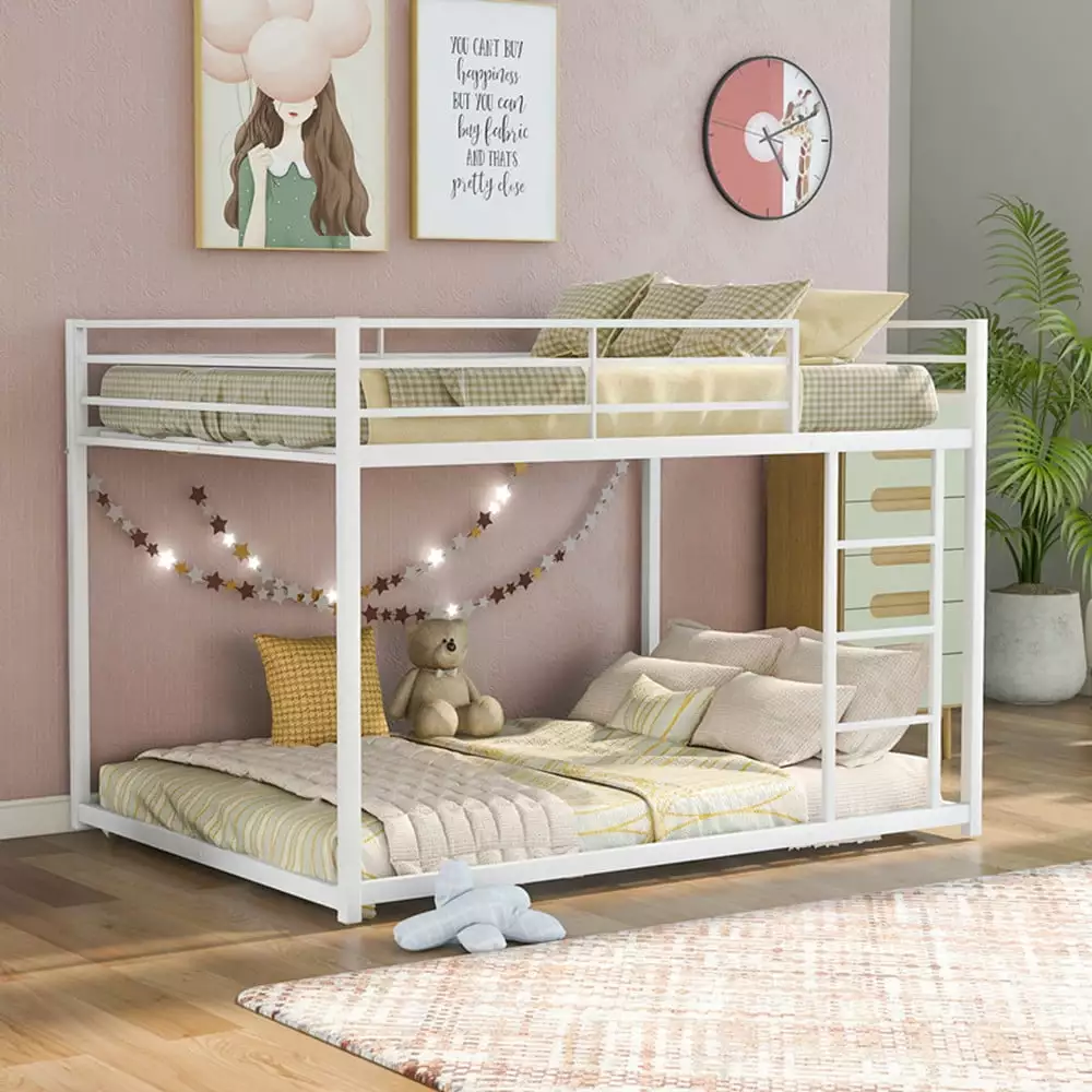 Full over Full Metal Bunk Bed Ladder and Guard Rail Heavy Duty Bunk Beds Adults Teens White ARCTICSCORPION