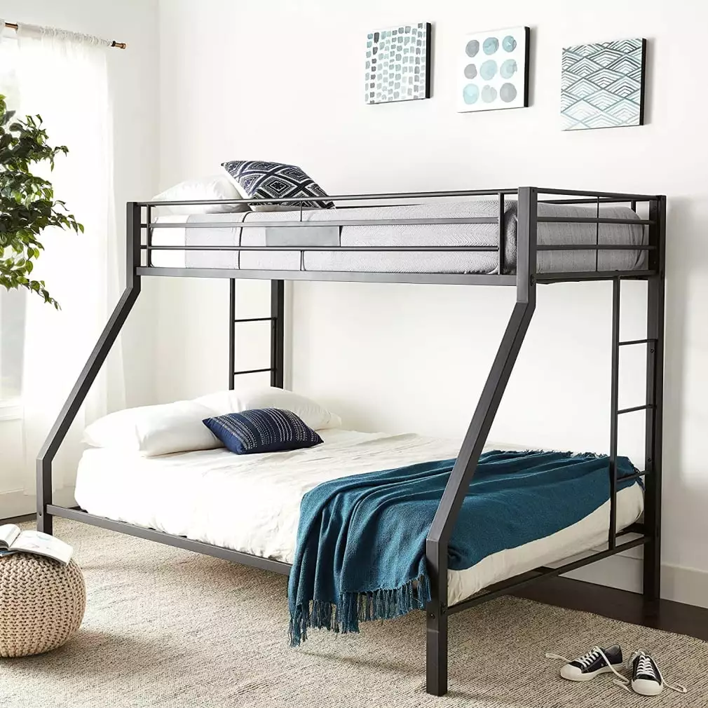 Twin XL Over Queen Bunk Bed - Heavy Duty Metal Bunk Bed Frame Guardrail and 2 Ladders - Black Triple Tree