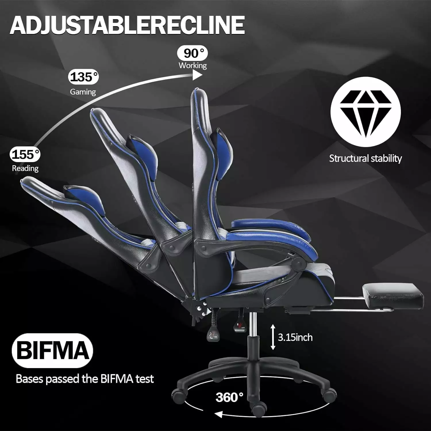 Blue Ergonomic Gaming Chair Footrest and Lumbar Support Heavy Adults - PU Leather Recliner Fencia