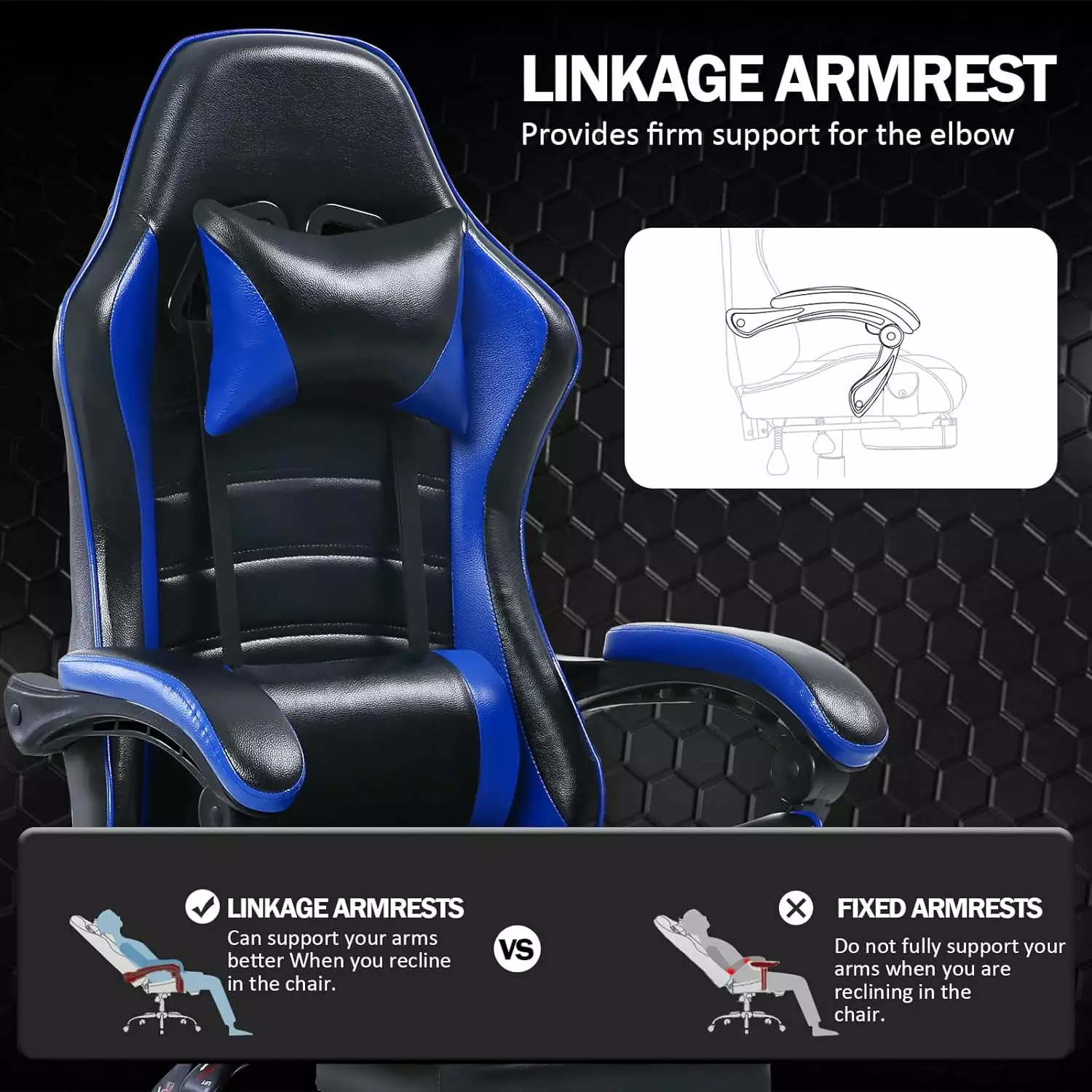 Blue Heavy Duty Ergonomic Gaming Chair Footrest and Lumbar Support - PU Leather Recliner Funwill