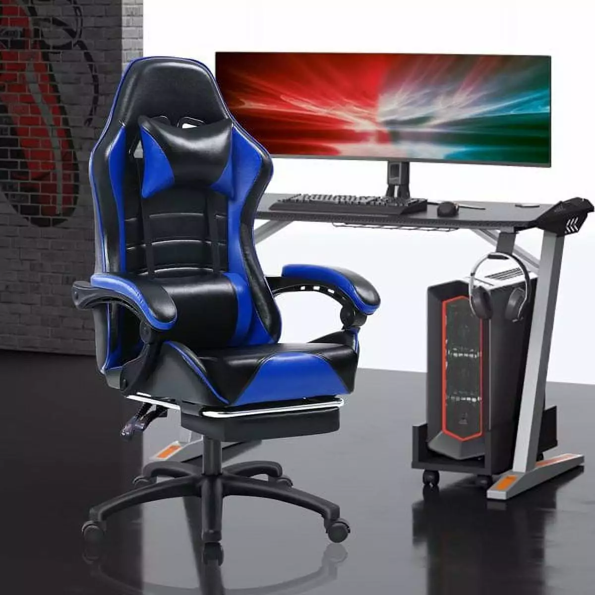 Miekor Blue Ergonomic Gaming Chair Footrest PU Leather Reclining Video Game Chair Adults Heavy People Office Computer Chai...