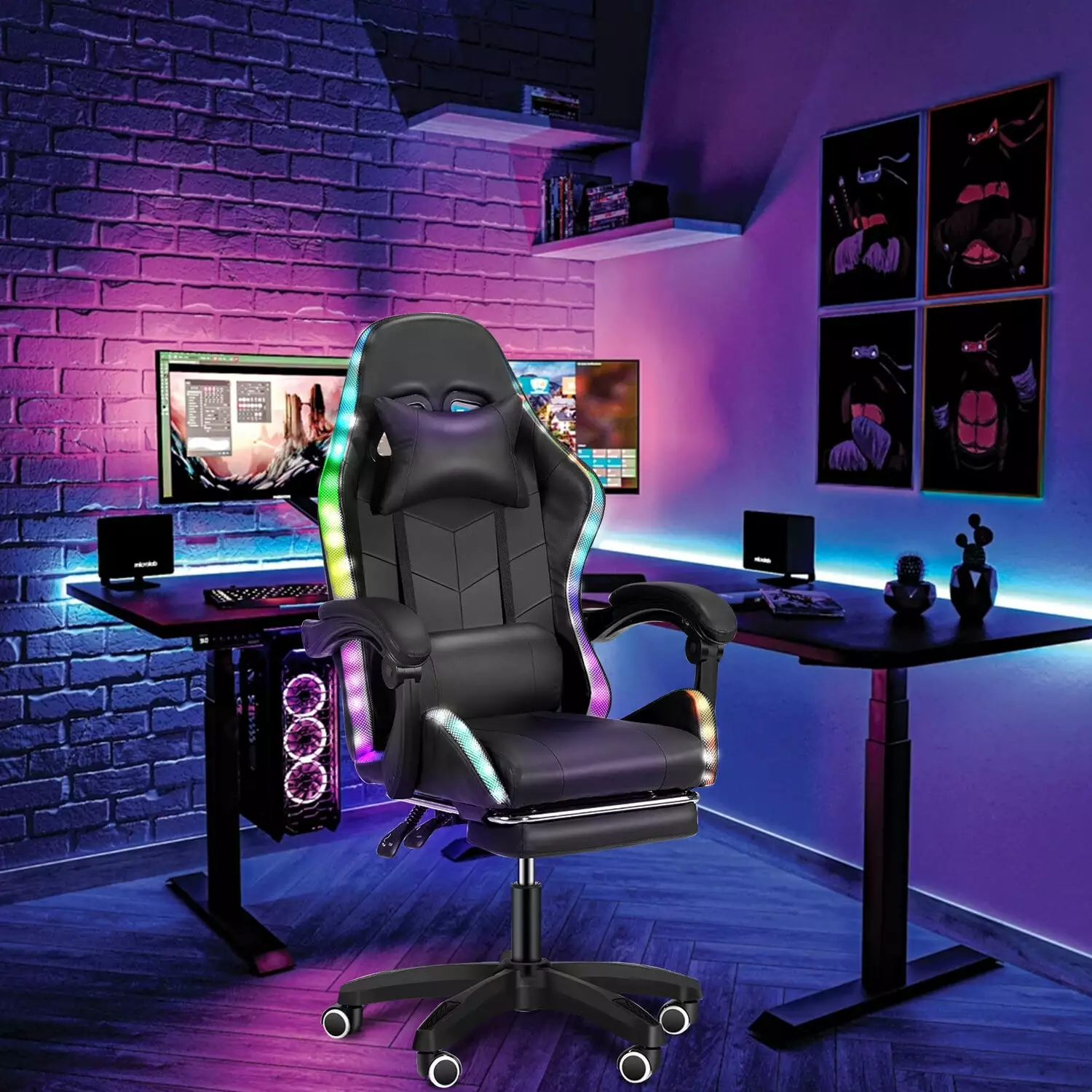 Oyajia Gaming Chair Footrest LED Lights Ergonomic Gamer Chair Lumbar Support Headrest Adjustable Swivel Home Office 300lb