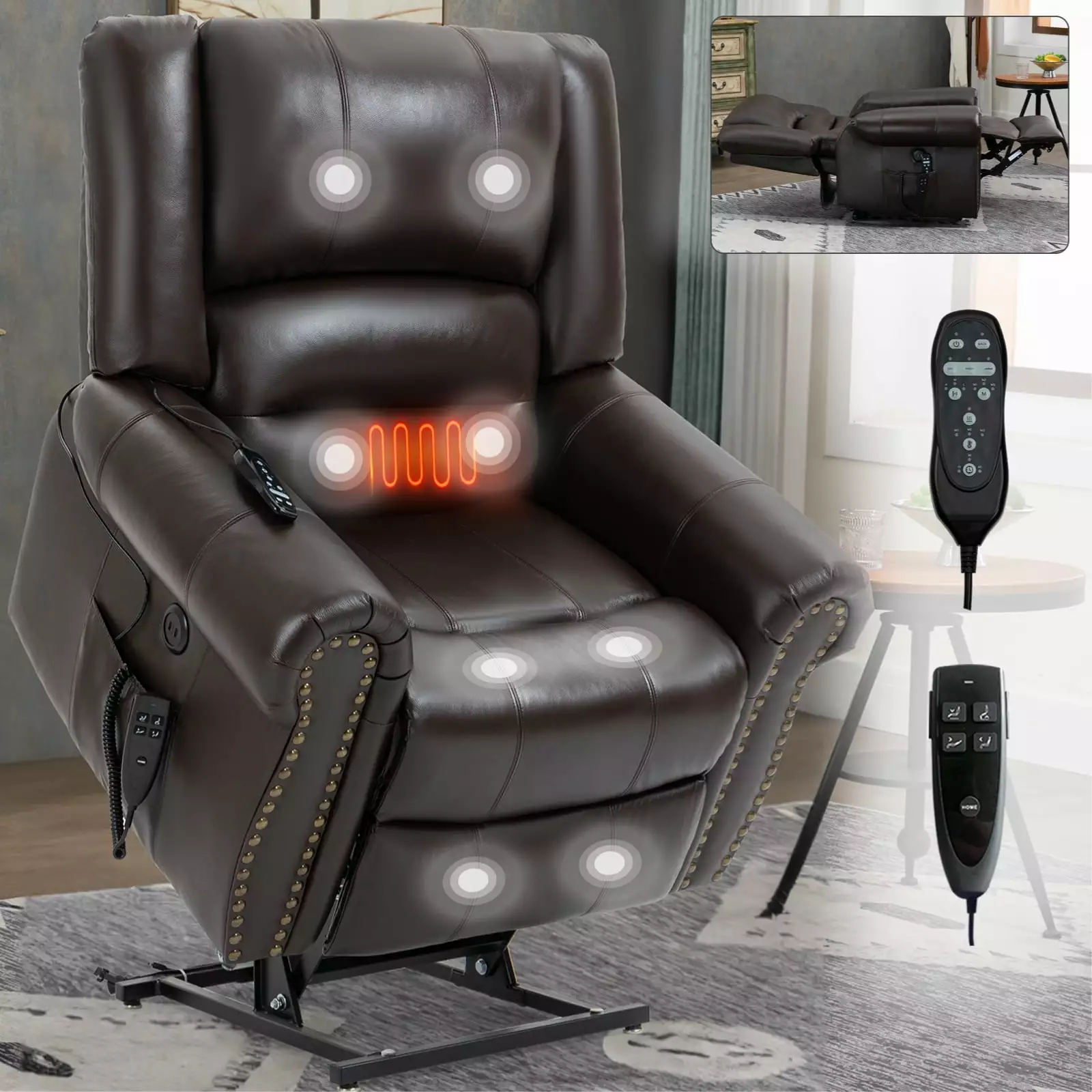 Power Lift Recliner Chair Heat Massage and Dual Motor - Genuine Leather - Supports Up To 350 Lbs Jamini