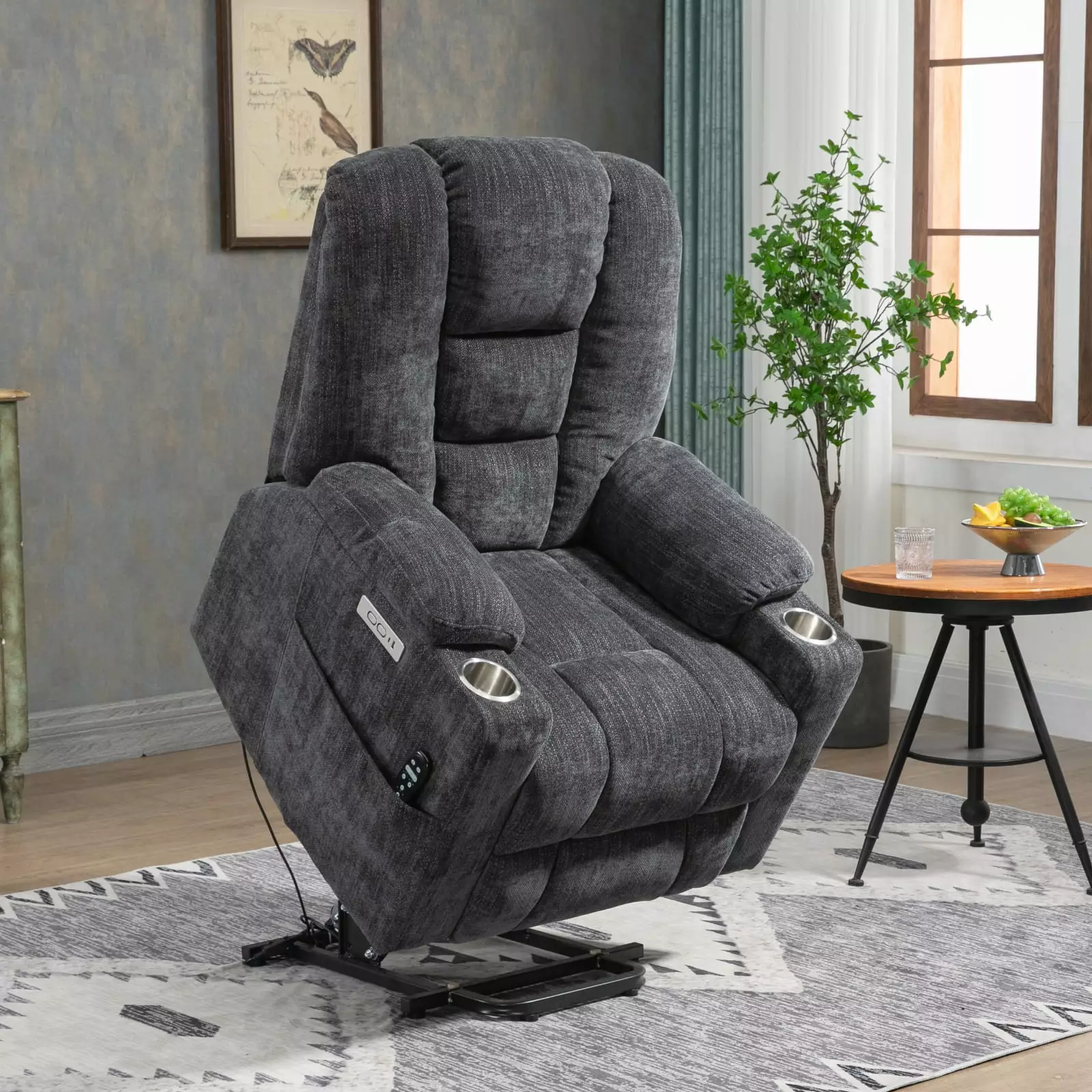 Large Power Lift Recliner Chair Massage Heat Elderly Grey Chenille Heavy Duty Ponnky