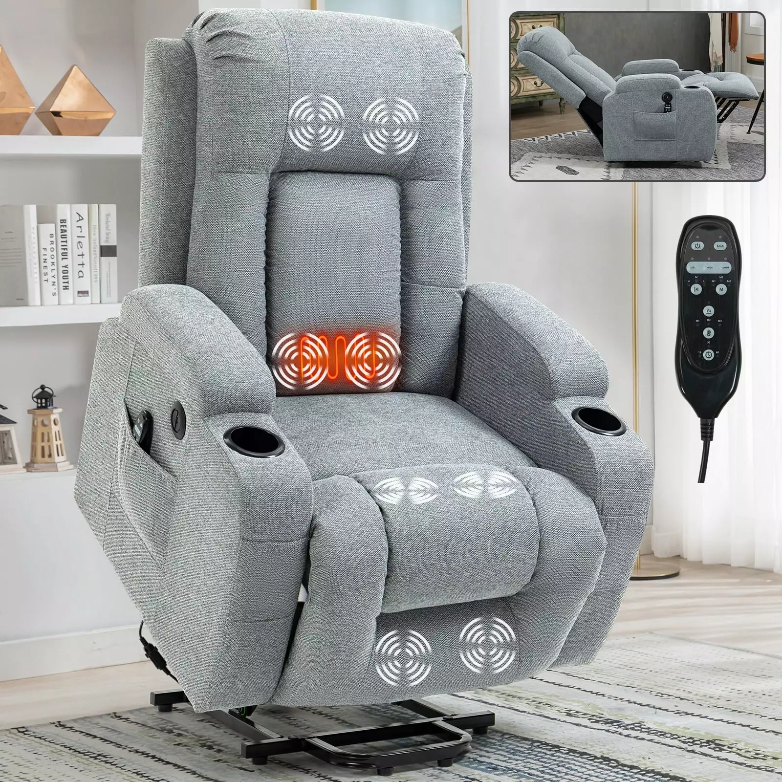Infinite Position Grey Okin Power Lift Recliner Chair Massage Heat and Cup Holders SHNHYF