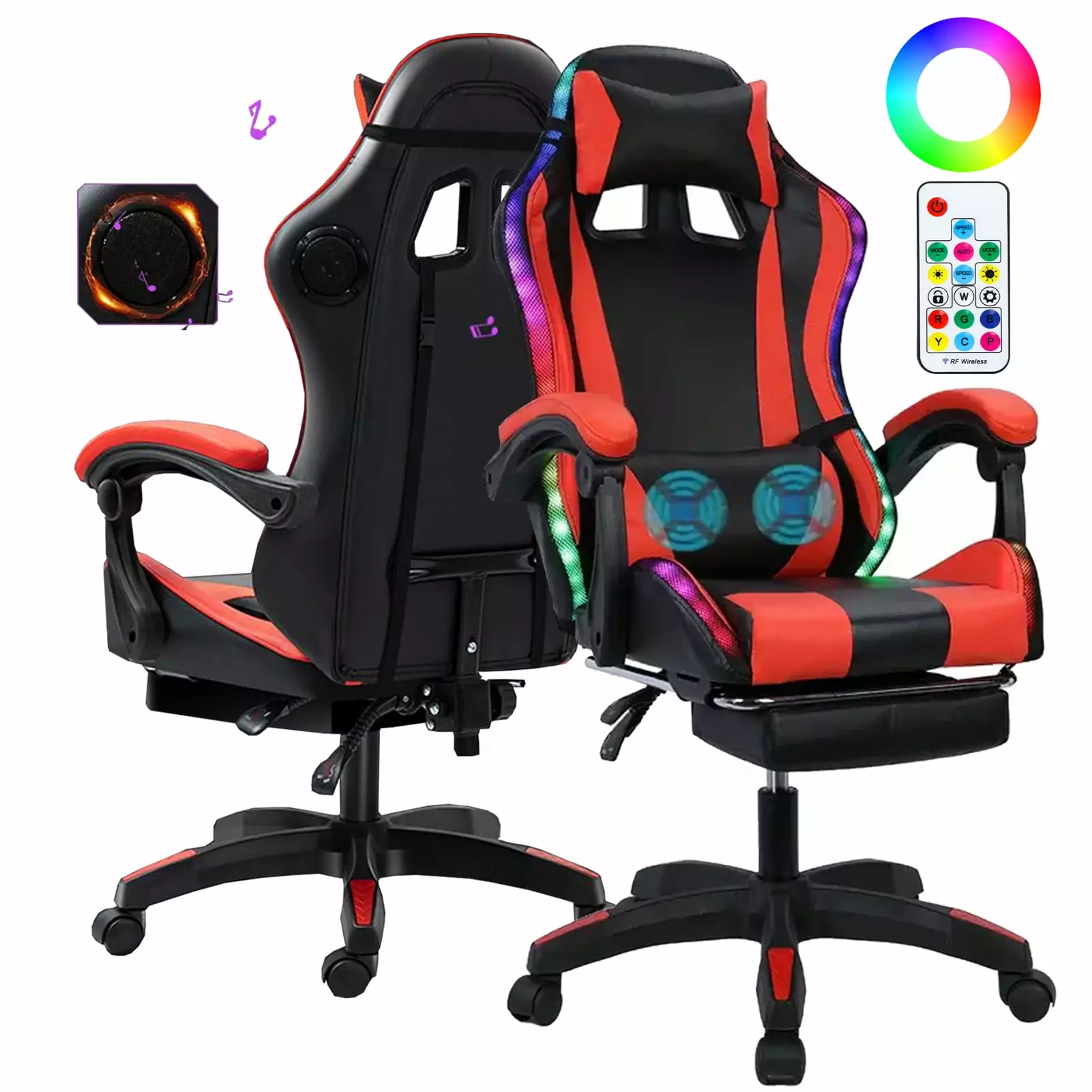 AQSQ Red Gaming Chair Footrest and Massage Lumbar Pillow - High Back Office Gamer Chair Adults Kids