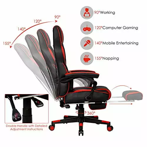 POWERSTONE Gaming Chair Adjustable High Back PU Computer Chair Footrest Red HaoMin