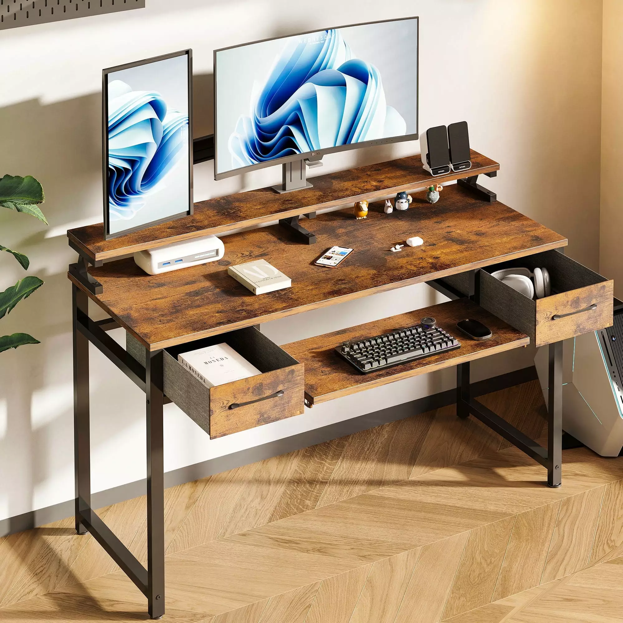 48 Inch Computer Desk Keyboard Tray and Drawers Rustic Brown KKL