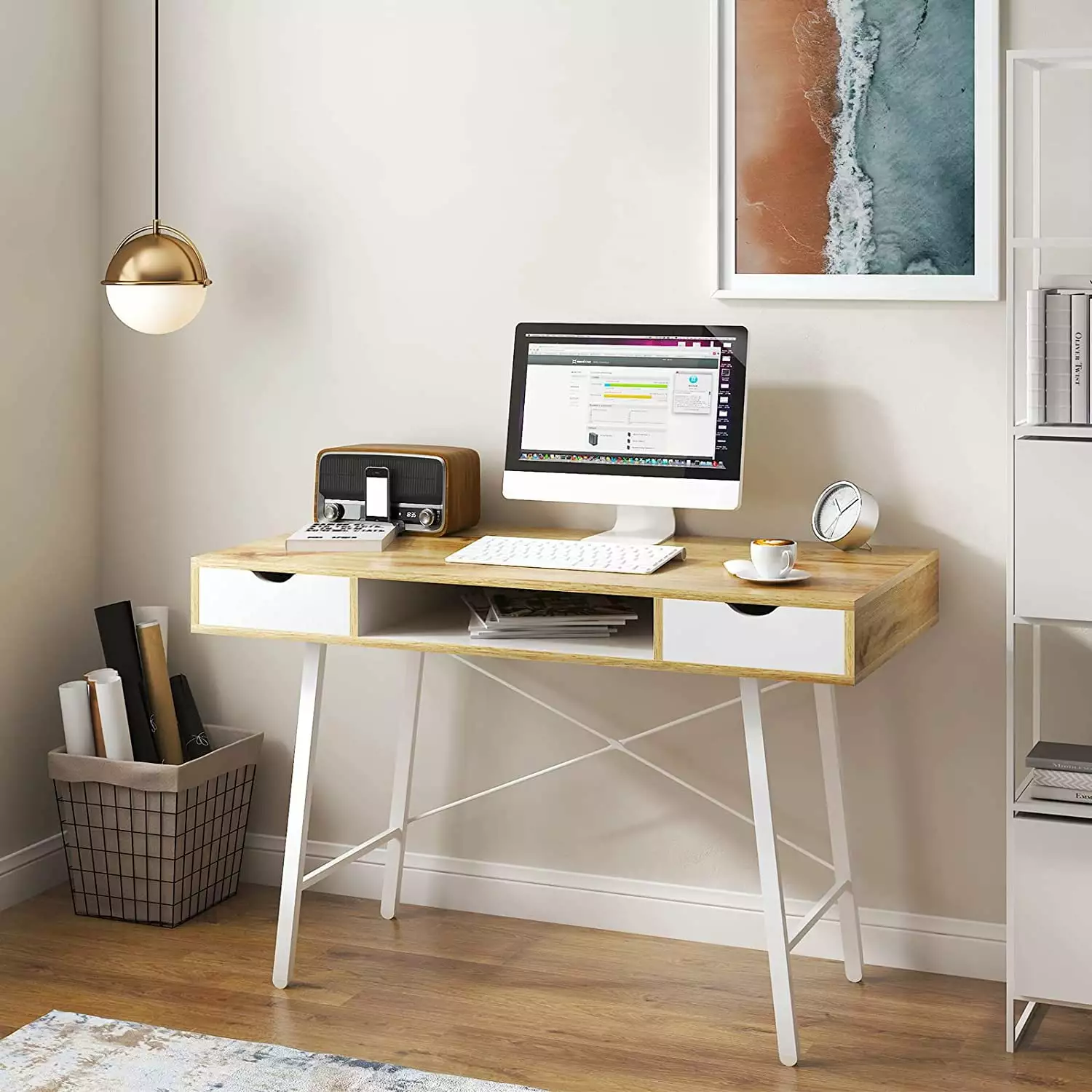SOGES 47inch Desk 2 Drawers Computer Desk Wood Home Office Table Metal Legs White