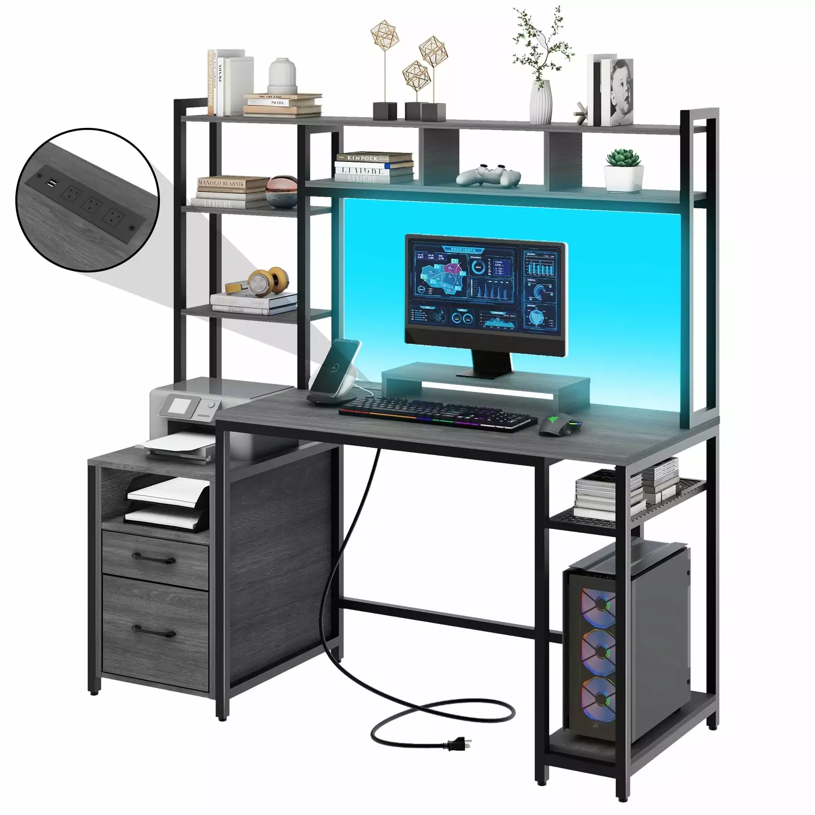 Vabches Computer Desk Shelves 2 Drawers 59 High Grey Workstation LED Lights Power Outlets