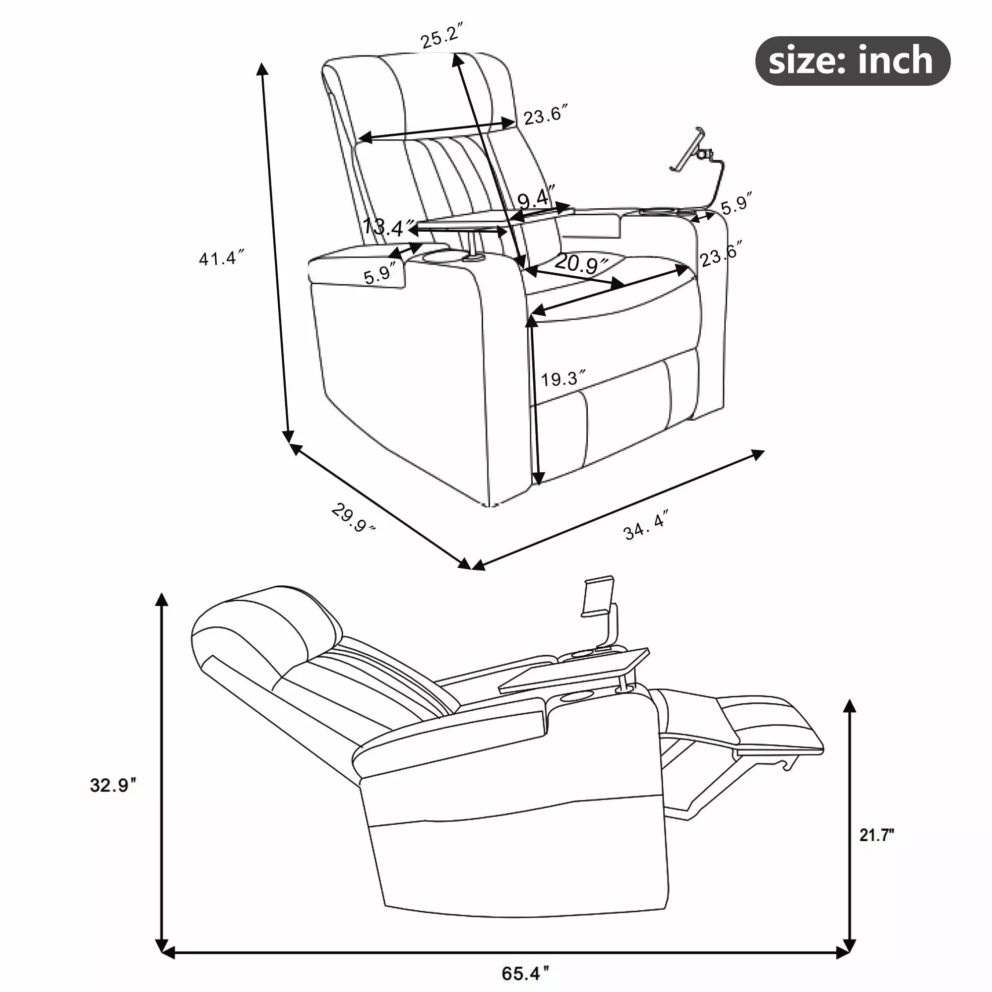 Power Swivel Recliner Hidden Arm Storage, LED Light Strip, Cup Holder, and Cell Phone Holder - Home Theater Seating Bed Ba...