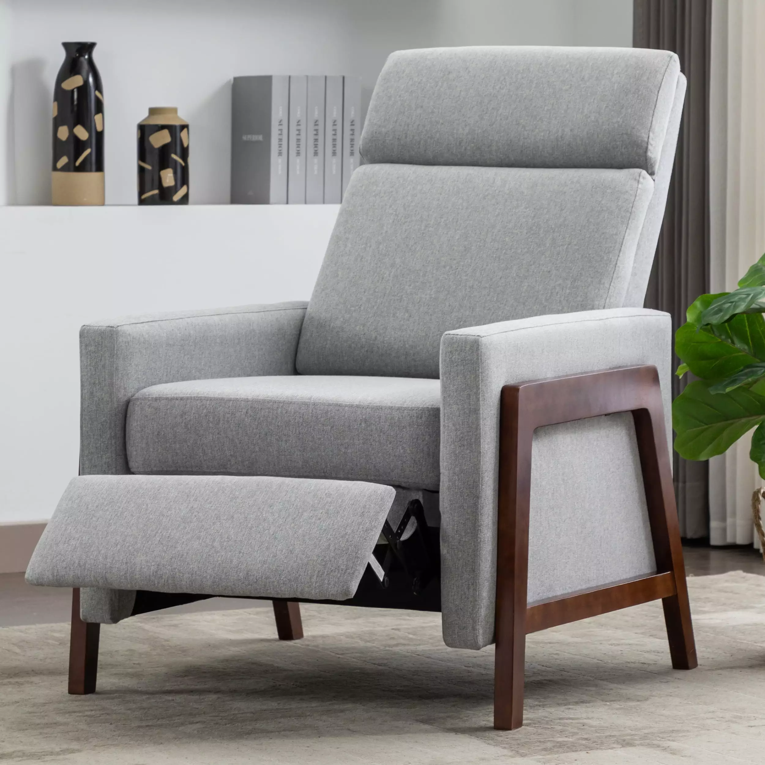 DeeHome Gray Wood-Framed Upholstered Recliner Chair Adjustable Home Theater Seating