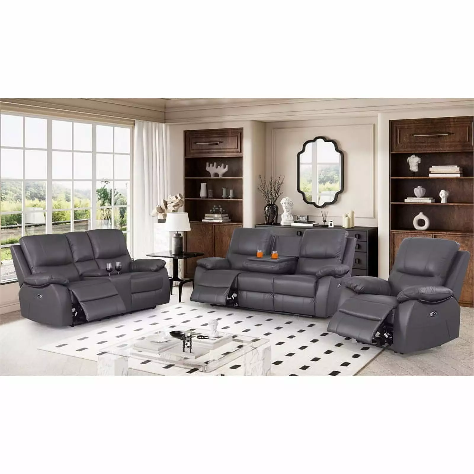 Alexent Recliner Leather Sofa 3 Piece Power Reclining Home Theater Seating Gray