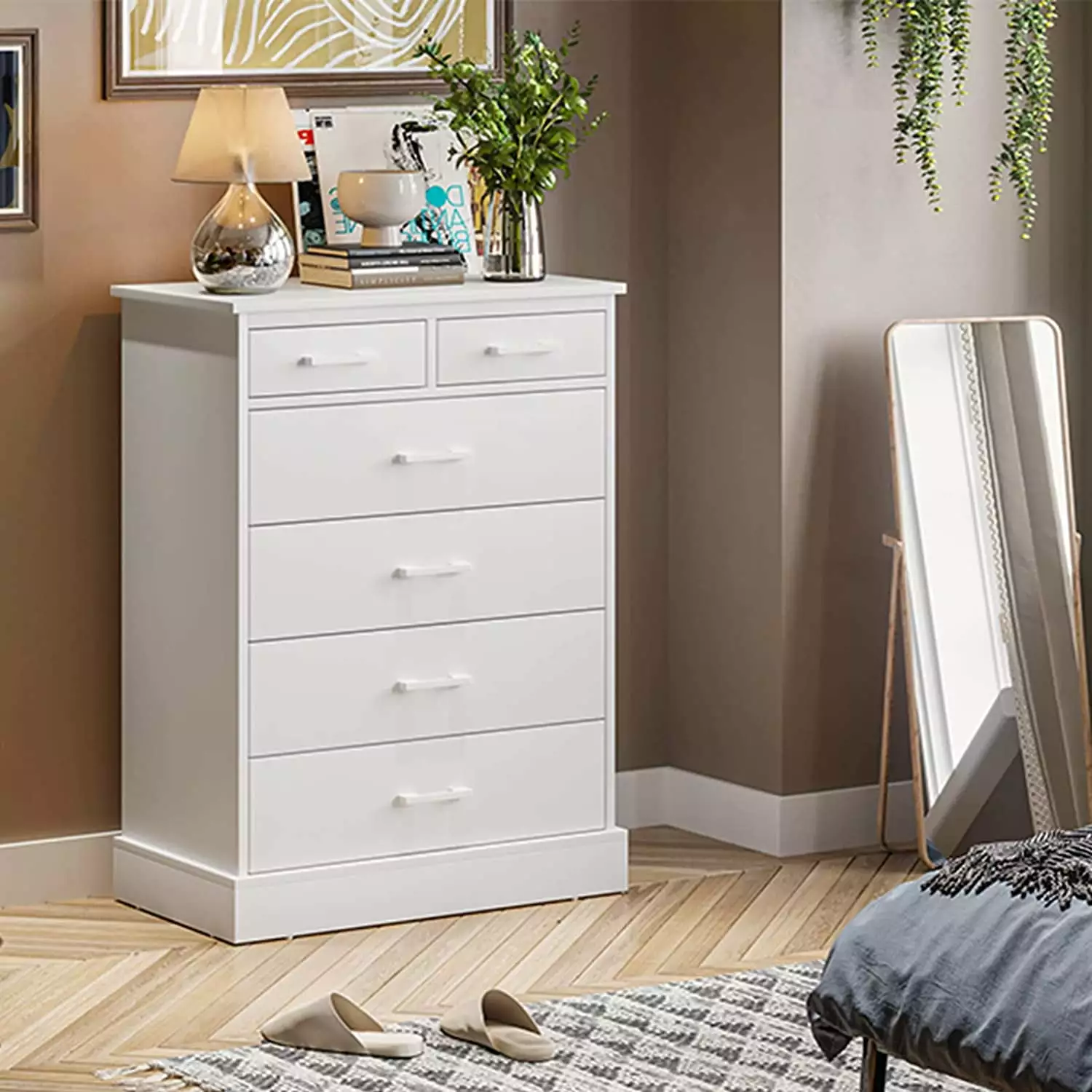 Horizontal Dresser White 6 Drawer Dresser Wood Storage Tower Bedroom Hallway Entryway Kicode