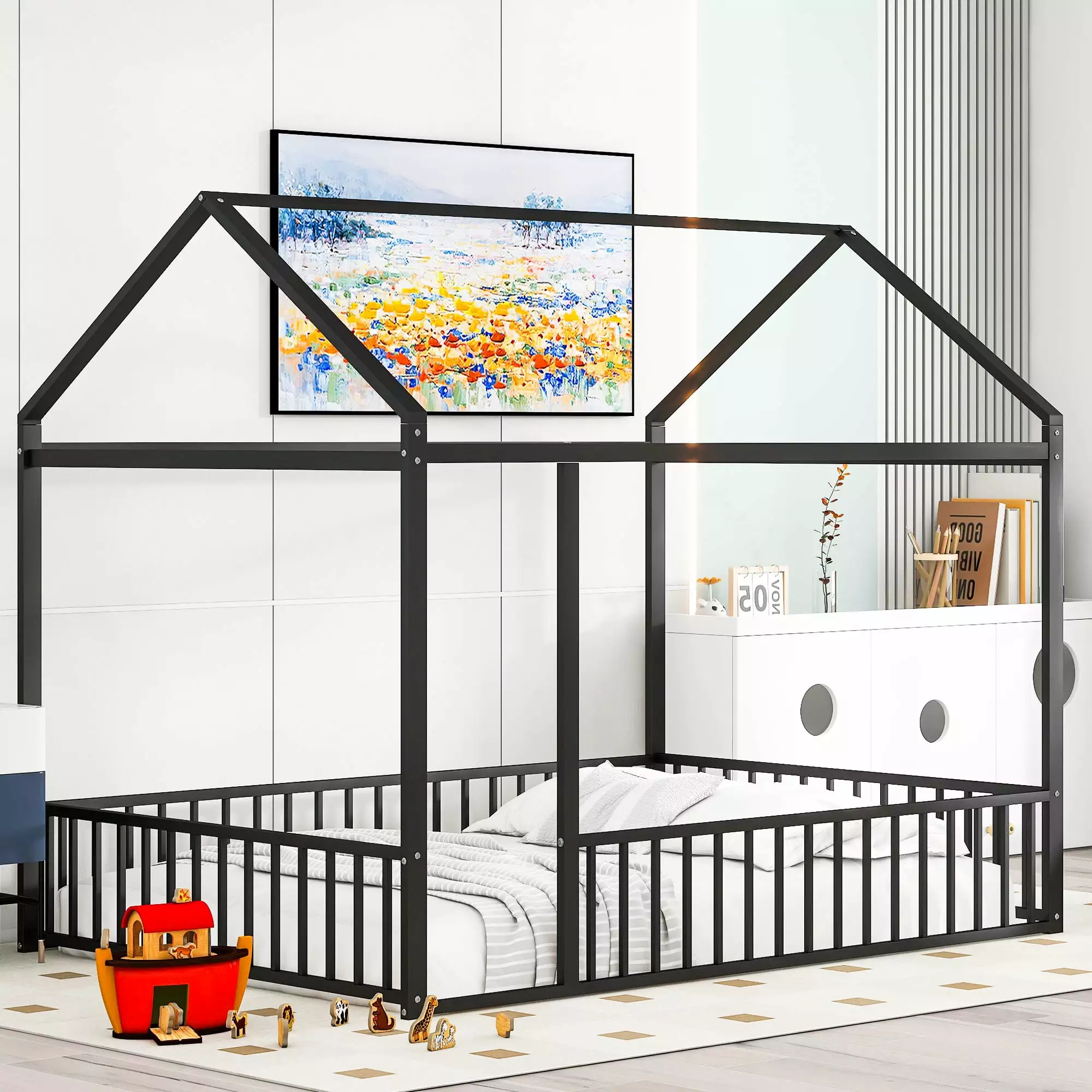 Bellemave Full Floor House Bed Metal House-shaped Bed Frame Fence Rails Full Size Floor Bed Roof Kids Teens Black