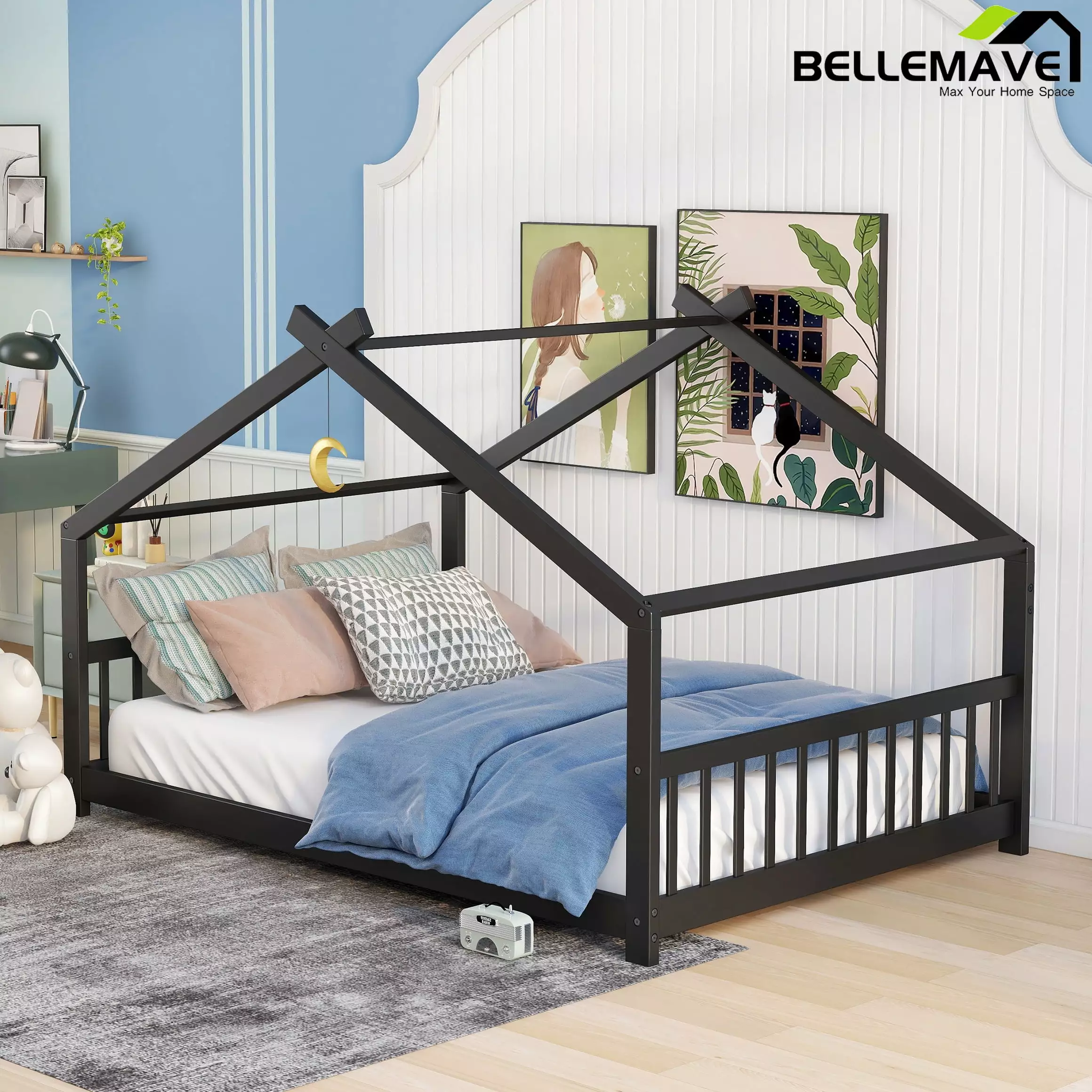 Bellemave Full Size House Bed Kids Wood Platform Bed Headboard and Footboard Toddlers House Floor Bed Roof and Slat Espresso