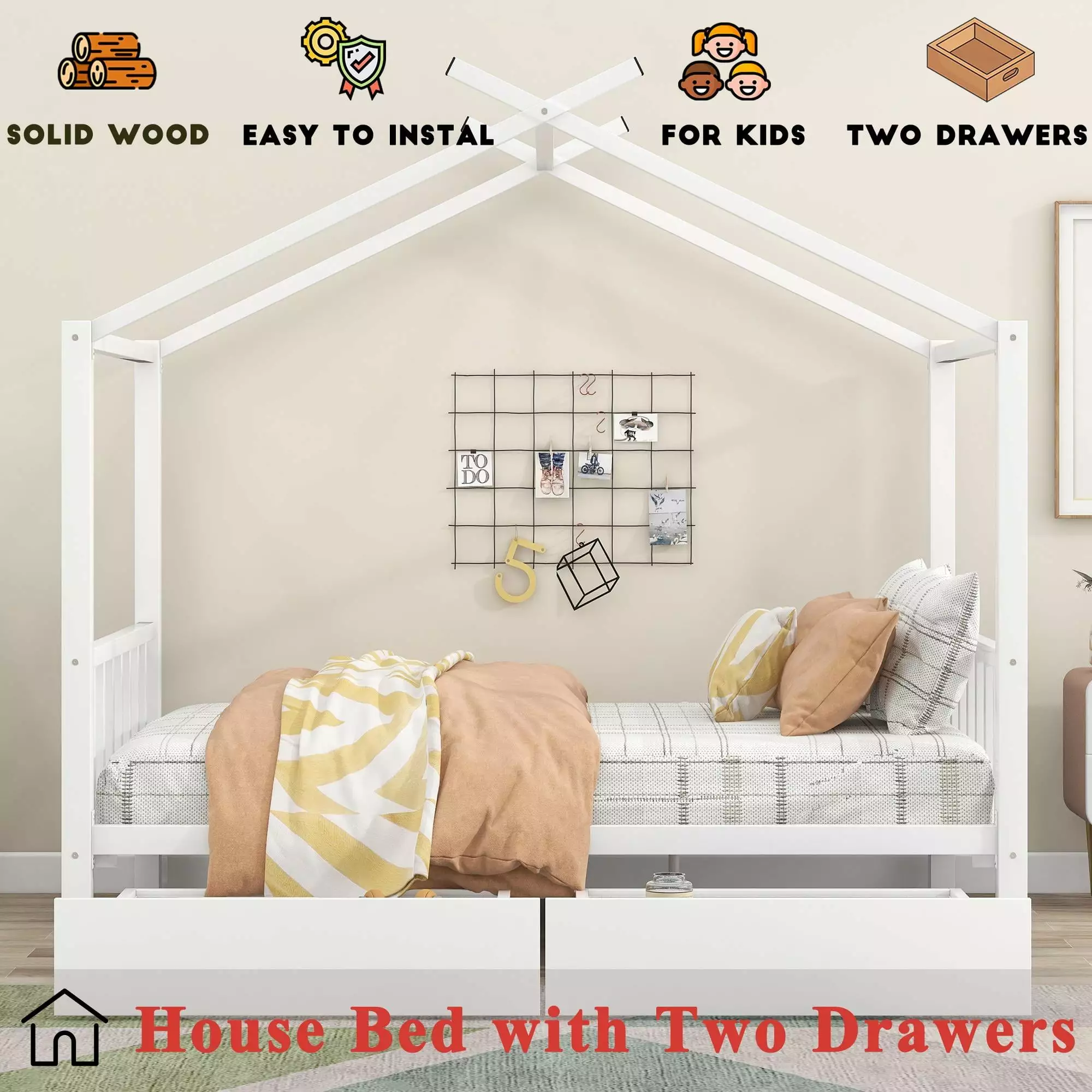 Bellemave Full Size Metal House Bed 2 Storage Drawers Roof Headboard and Footboard Teens