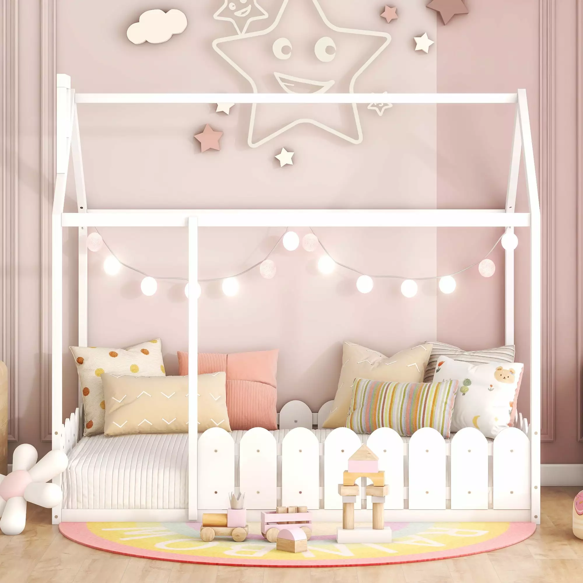 Bellemave House Bed Twin Bed Frame Fence and Roof Wood Floor Bed Frame Toddlers Kids Boys and Girls Montessori Bed White