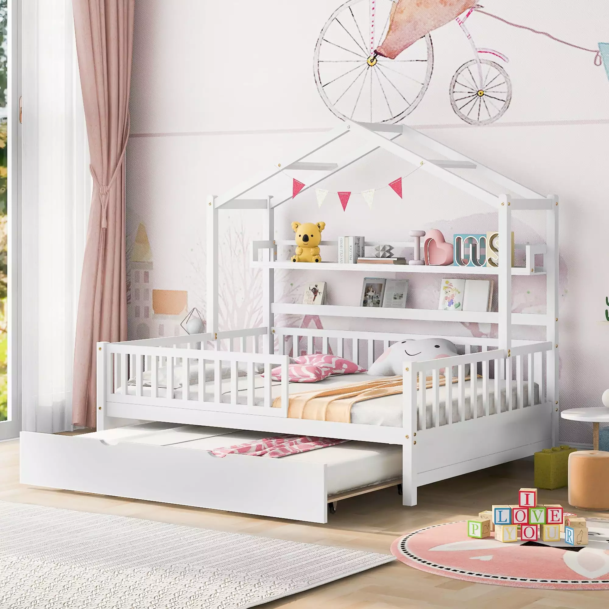 CITYLE Wooden Full Size House Bed Trundle and Storage Shelves Kids Teens Boys Girls White