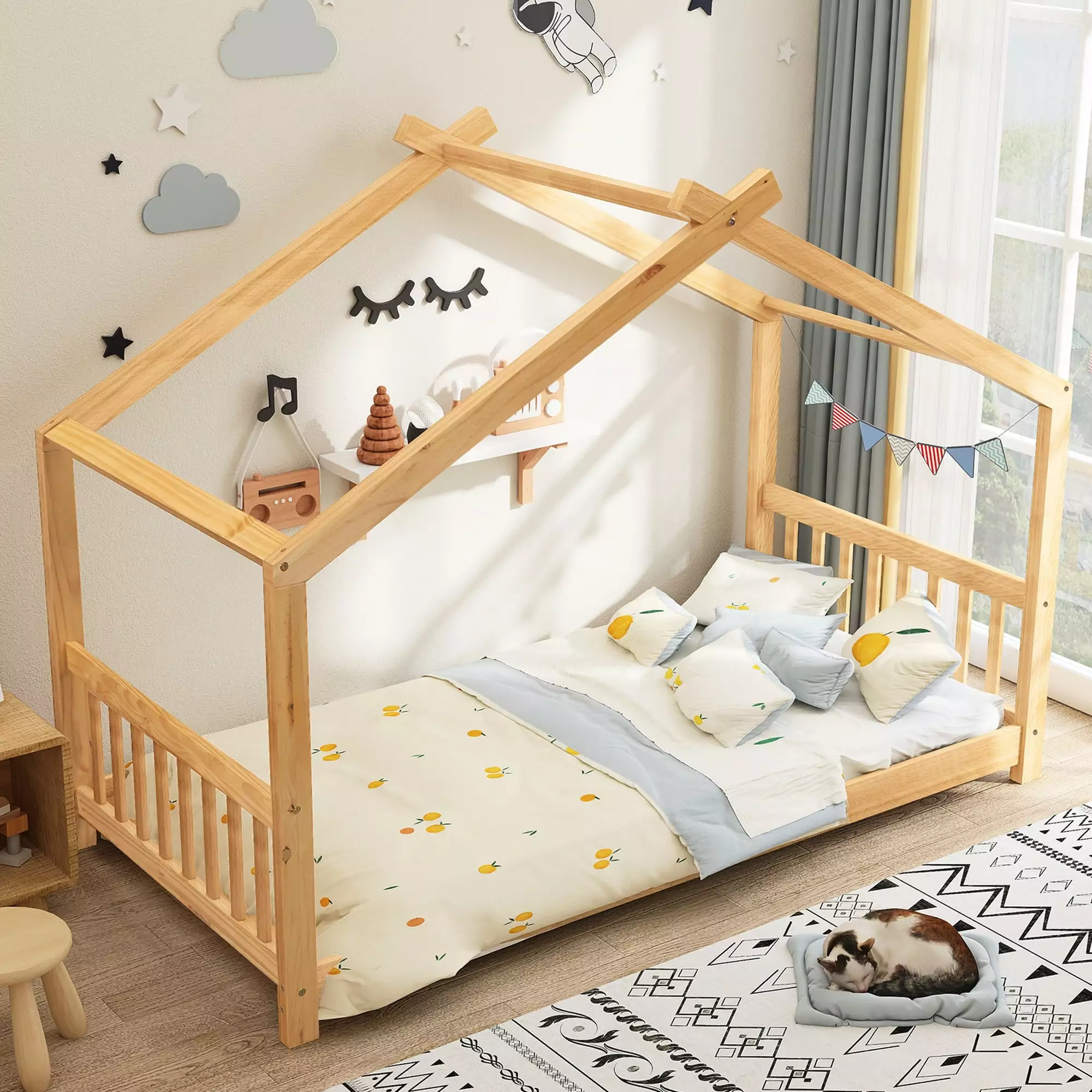 Euroco Wood House-Shaped Twin Platform Bed Kids Low Profile House Bed No Box Spring Needed Wood Color