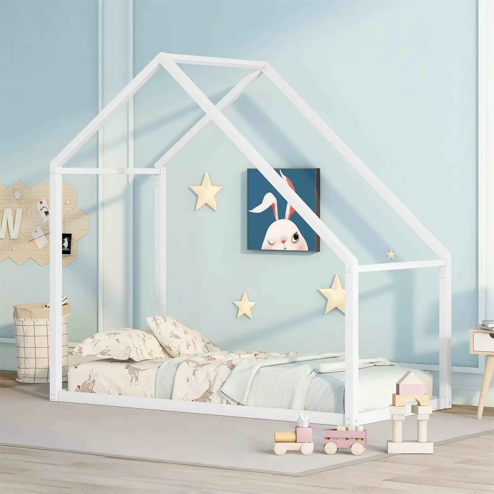 Fulvari Twin Size House Bed Roof Toddlers Kids Metal Bedroom Floor Bed Frame No Box Spring Needed