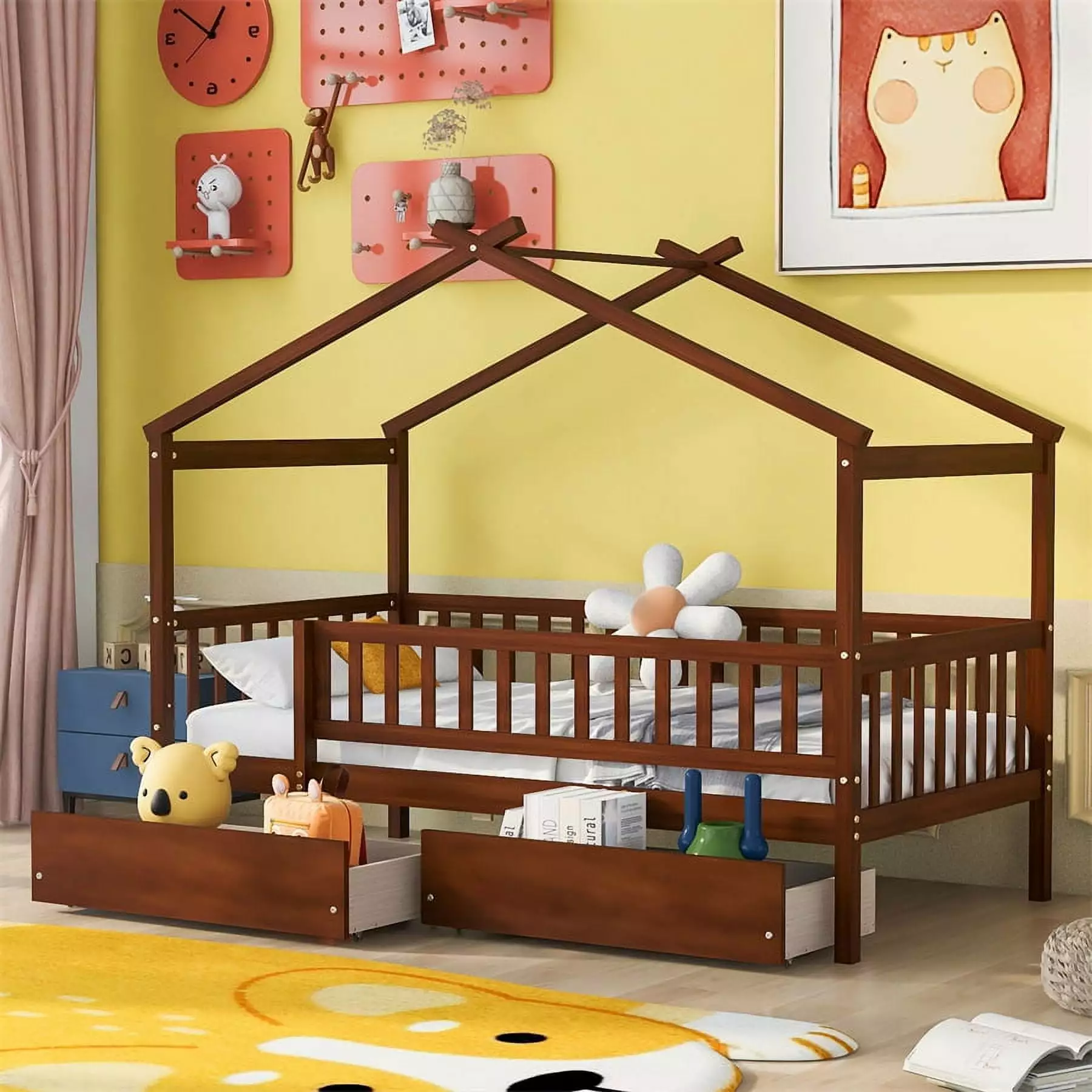 Twin Size House Bed Kids Storage Drawers and Fence Walnut JINS & VICO