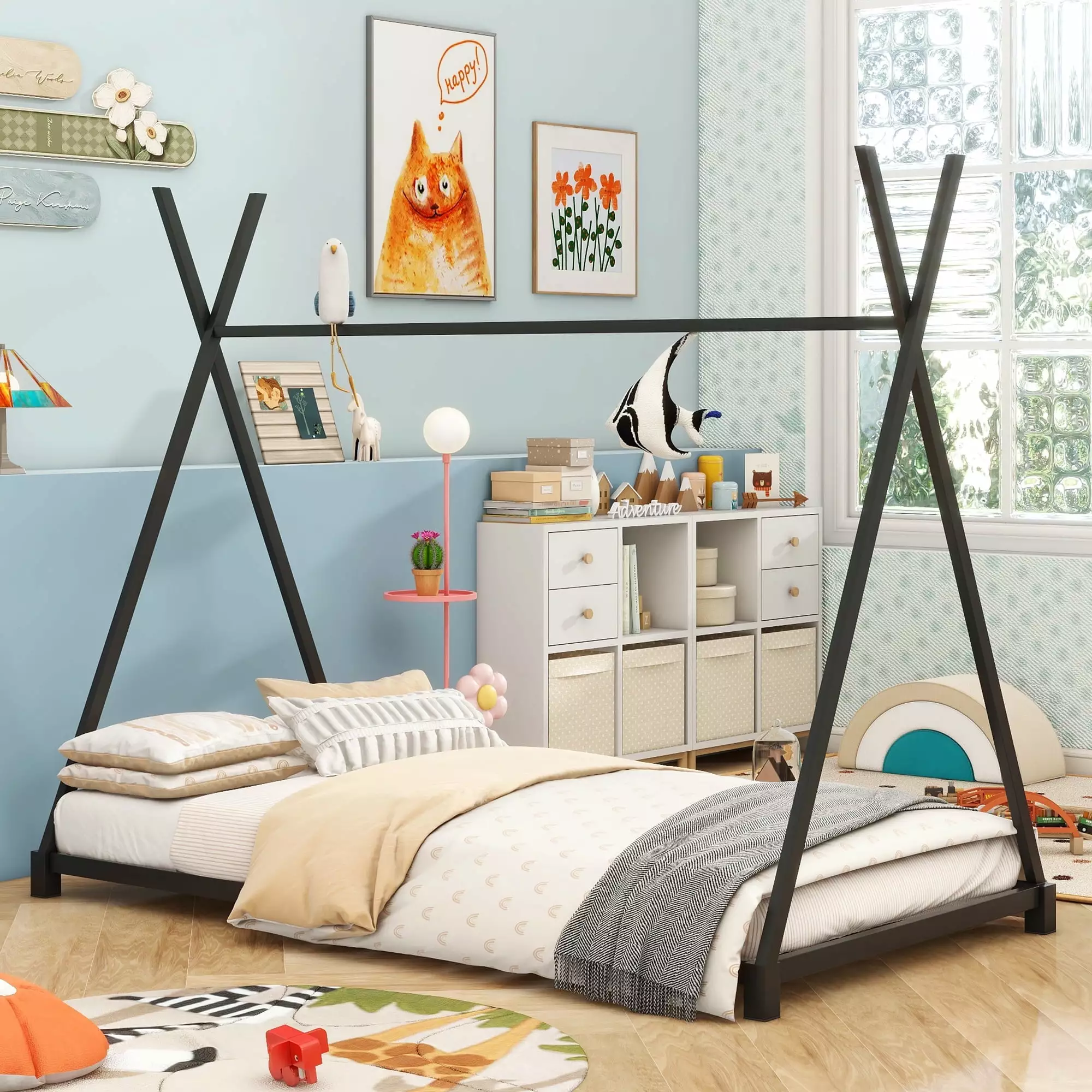 Kacho Twin Size Tent Metal House Bed Frame Triangle Structure Low Floor Design