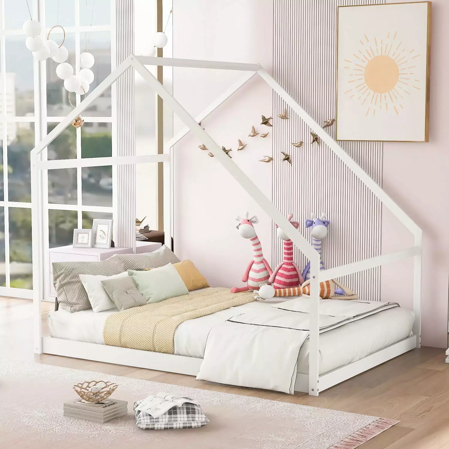 Full Size Wooden Floor Bed Frame Roof Toddlers Kids Can be Decorated White Triple Tree