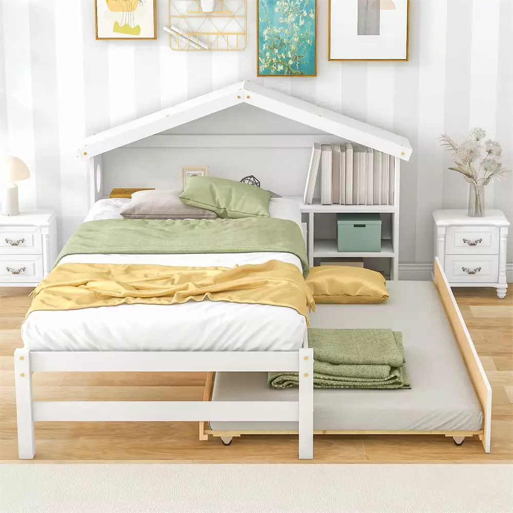 Twin Storage House Bed Trundle and Bedside Table Bookcase Headboard Solid Pine Wood Frame Kids Teens White Triple Tree